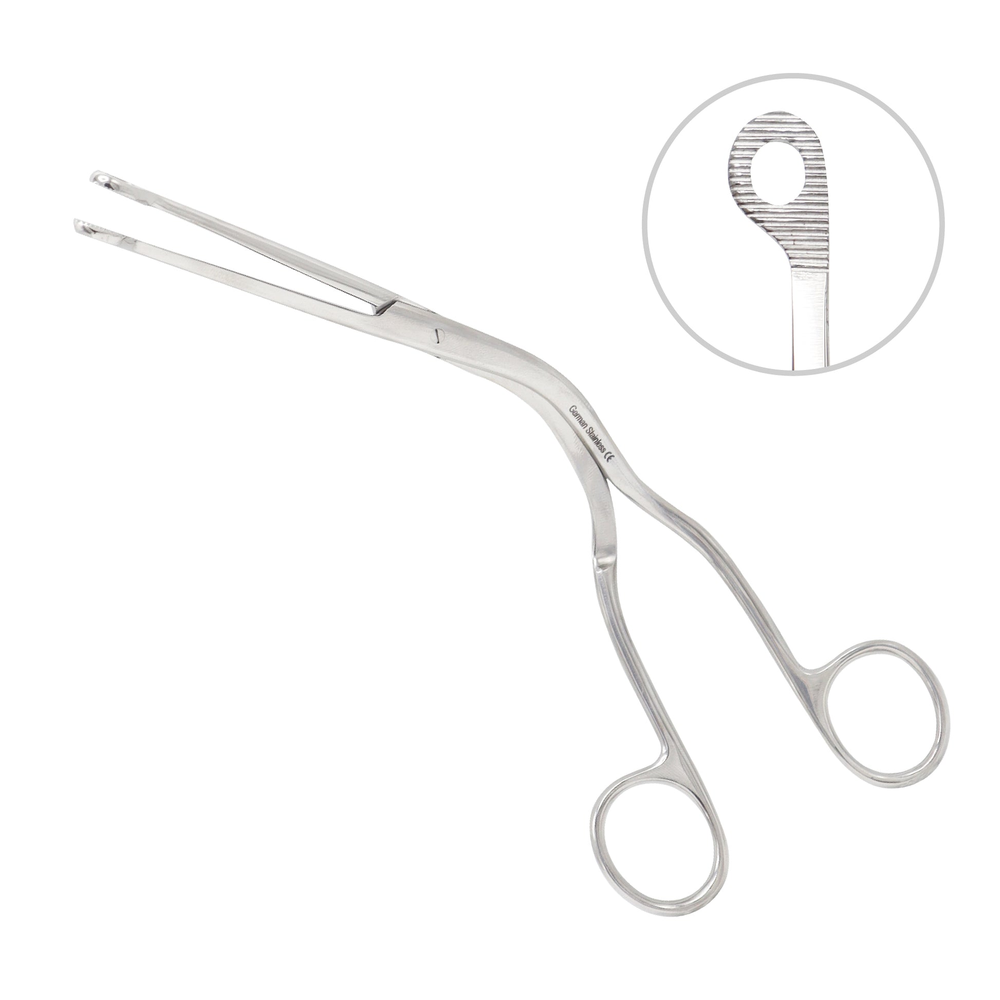 Anesthesiology Magill catheter forceps featuring an ergonomic offset handle design and serrated fenestrated tips.