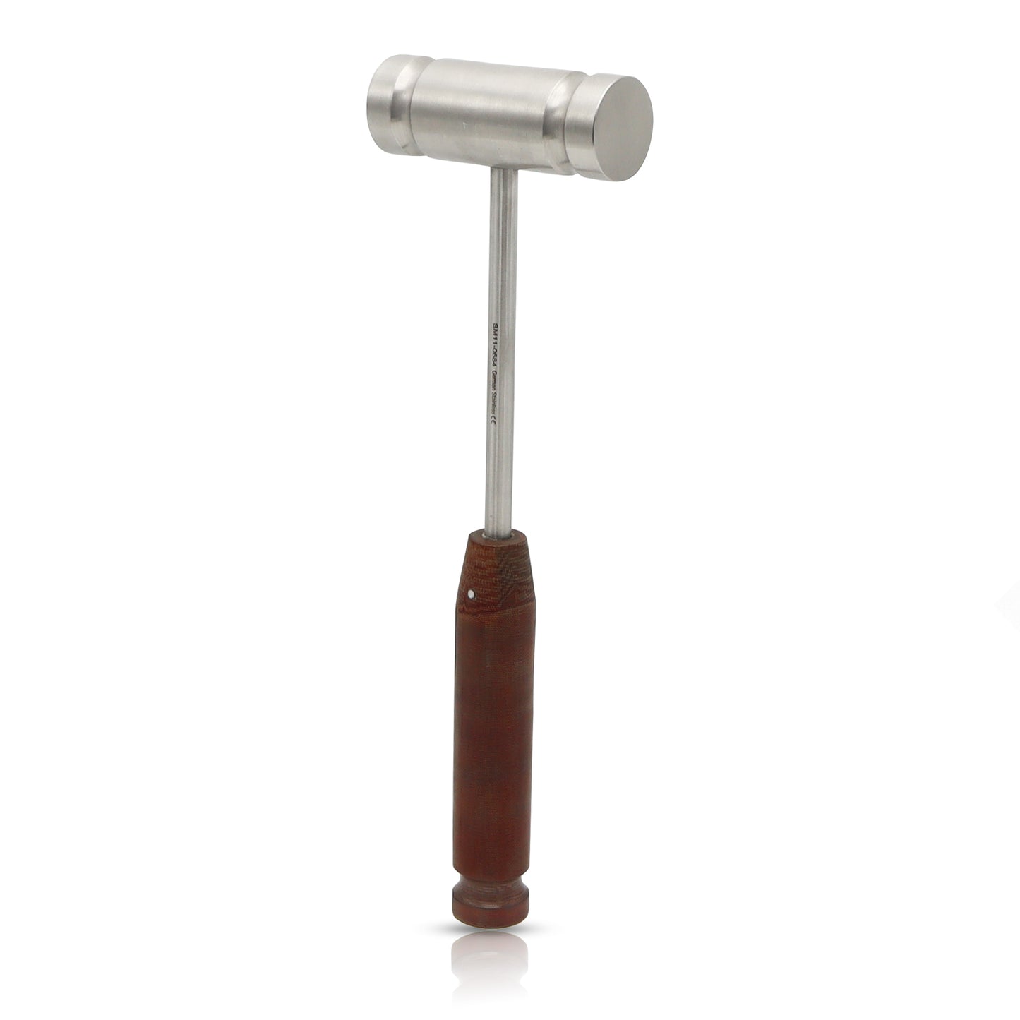 A close-up shot of a classic surgical mallet instrument with a metal head and a brown grip handle, held by a medical professional in a blue glove.