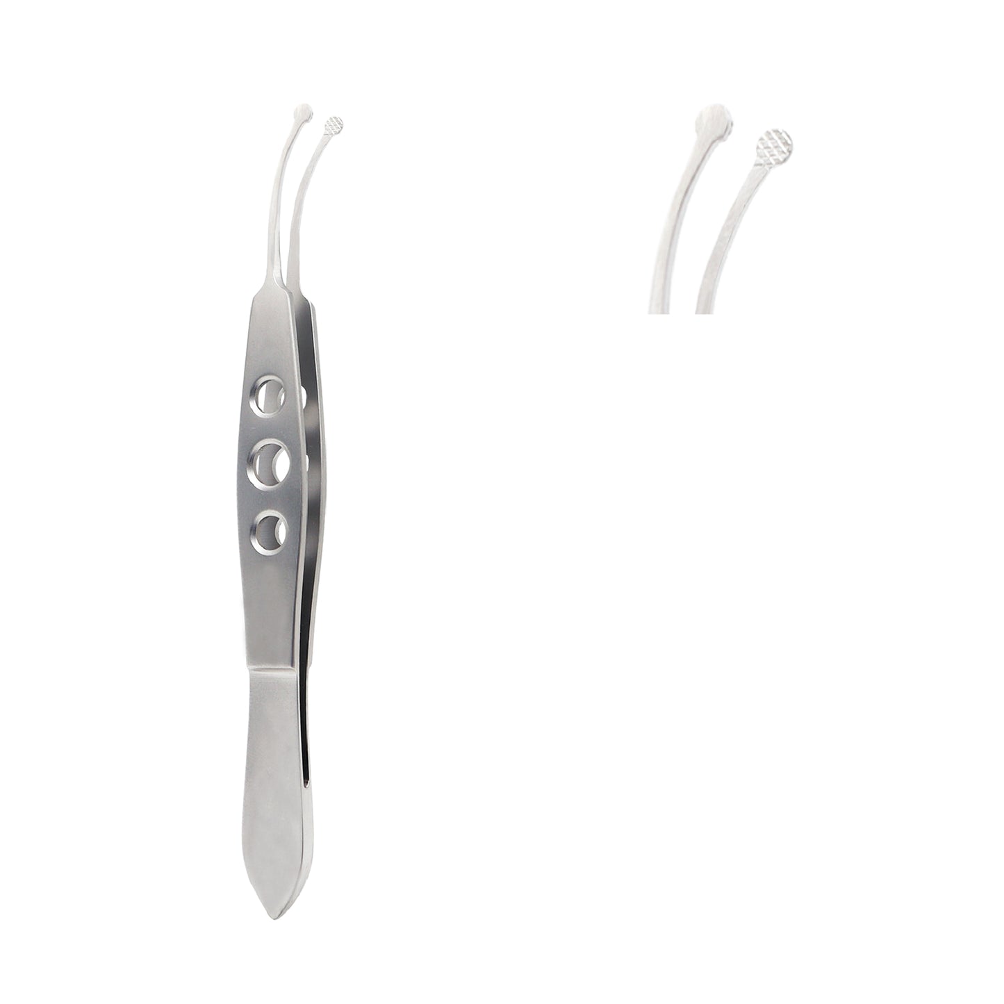 A pair of professional stainless steel meibomian gland expressor forceps with rounded tips, designed for ophthalmic eyelid massage and treating dry eye conditions.