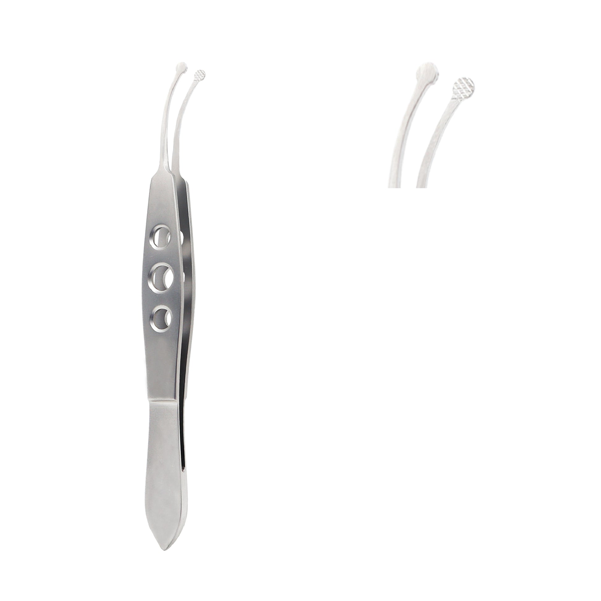 A pair of professional stainless steel meibomian gland expressor forceps with rounded tips, designed for ophthalmic eyelid massage and treating dry eye conditions.