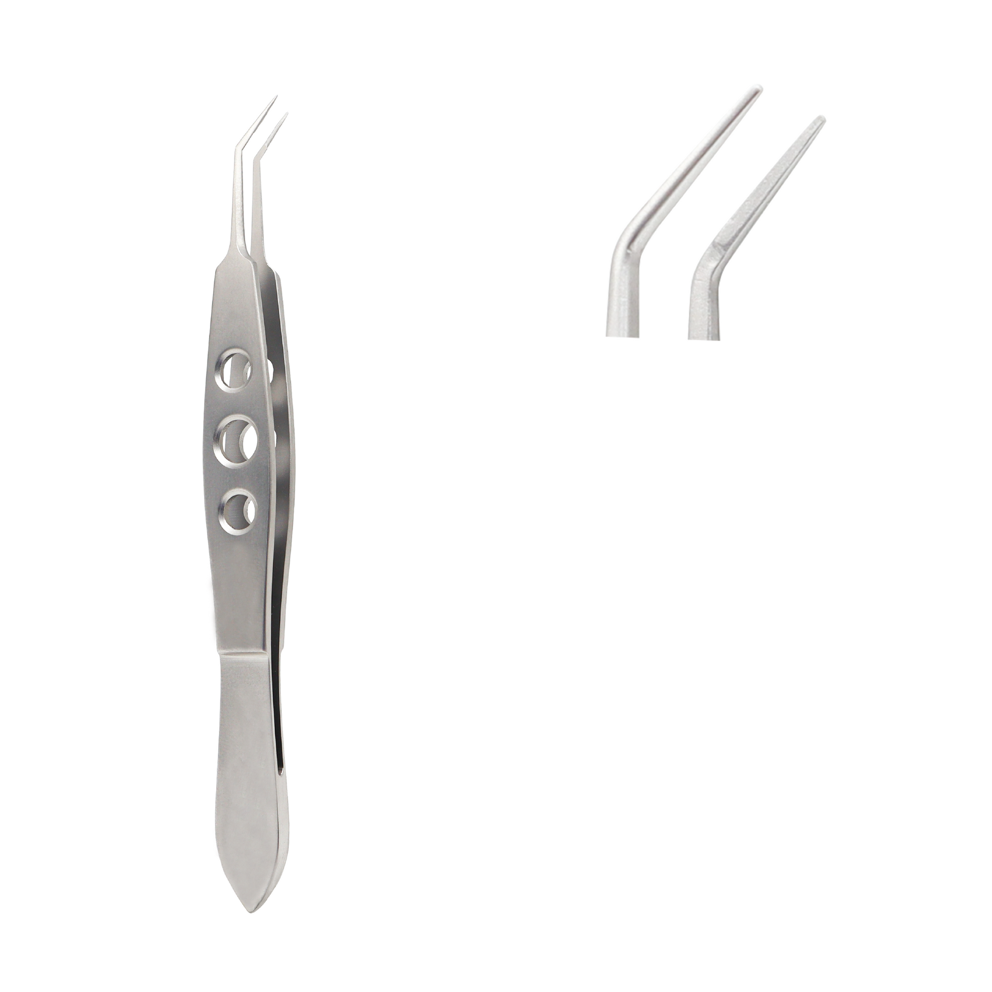 A pair of stainless steel Meibomian Gland Expressor Forceps with curved tips and a fenestrated handle featuring three finger holes, used for dry eye treatment.