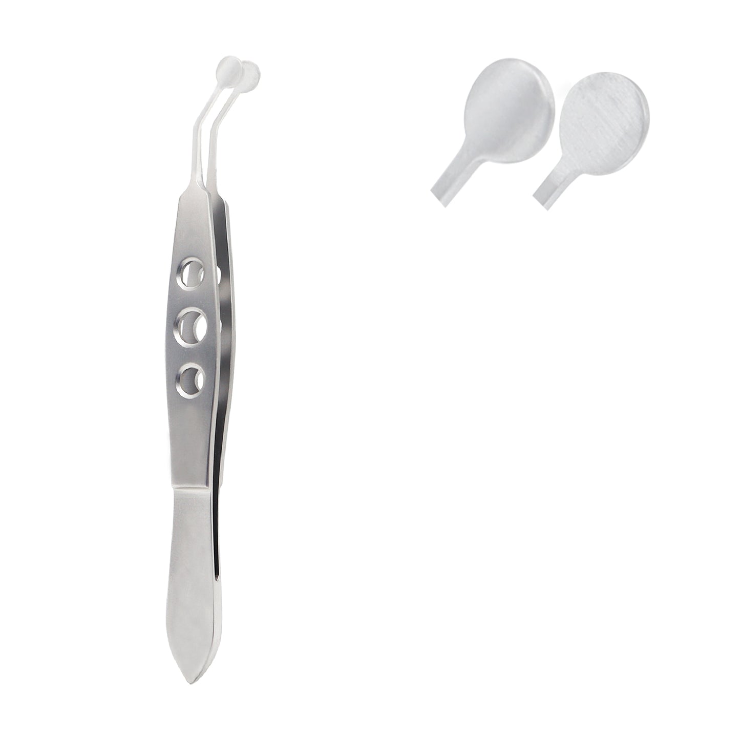 A specialized medical instrument known as Meibomian gland forceps, featuring a stainless steel handle with three circular finger holes and angled tips with small, flat paddles. Two additional interchangeable paddle attachments are shown separately in the upper right.