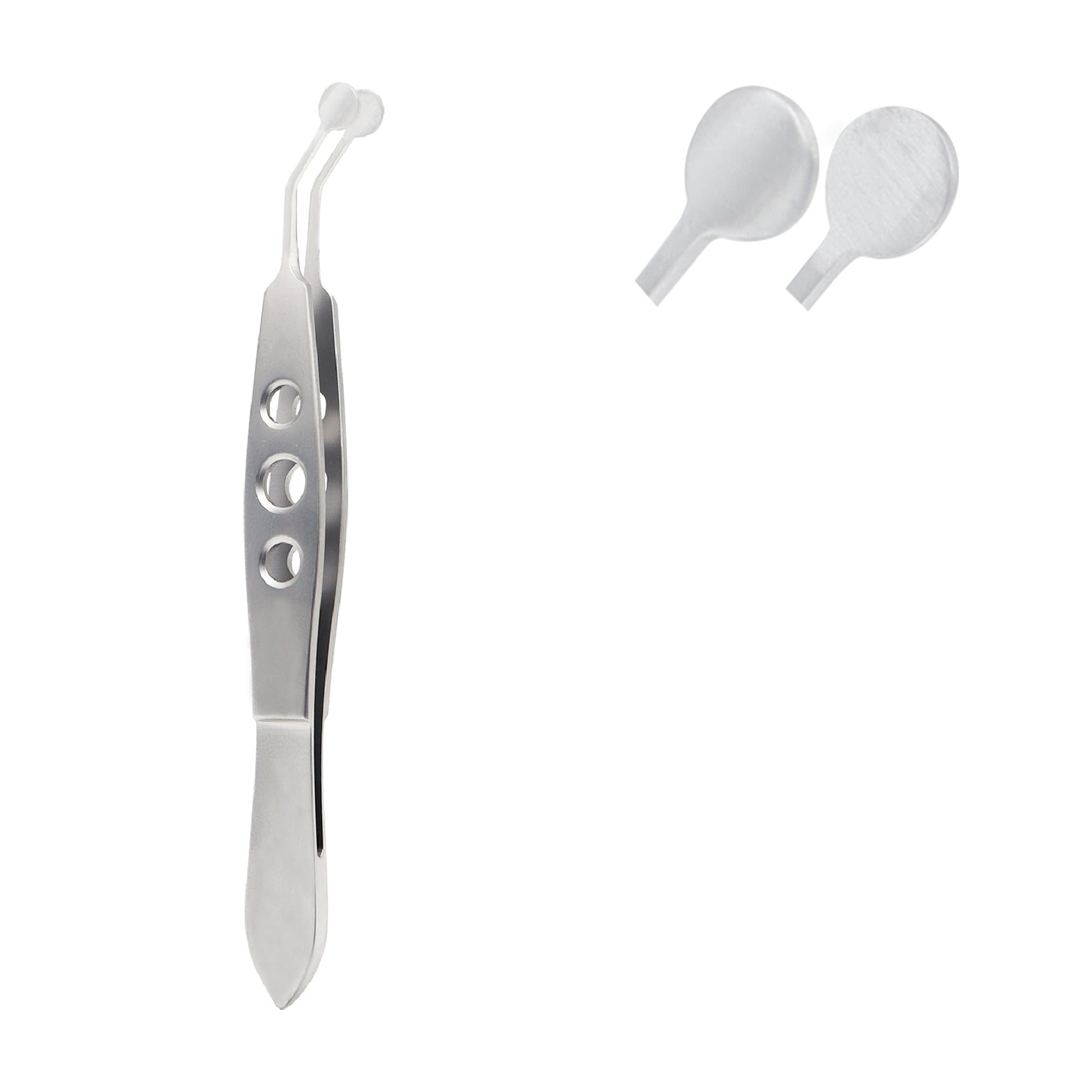 A specialized medical instrument known as Meibomian gland forceps, featuring a stainless steel handle with three circular finger holes and angled tips with small, flat paddles. Two additional interchangeable paddle attachments are shown separately in the upper right.