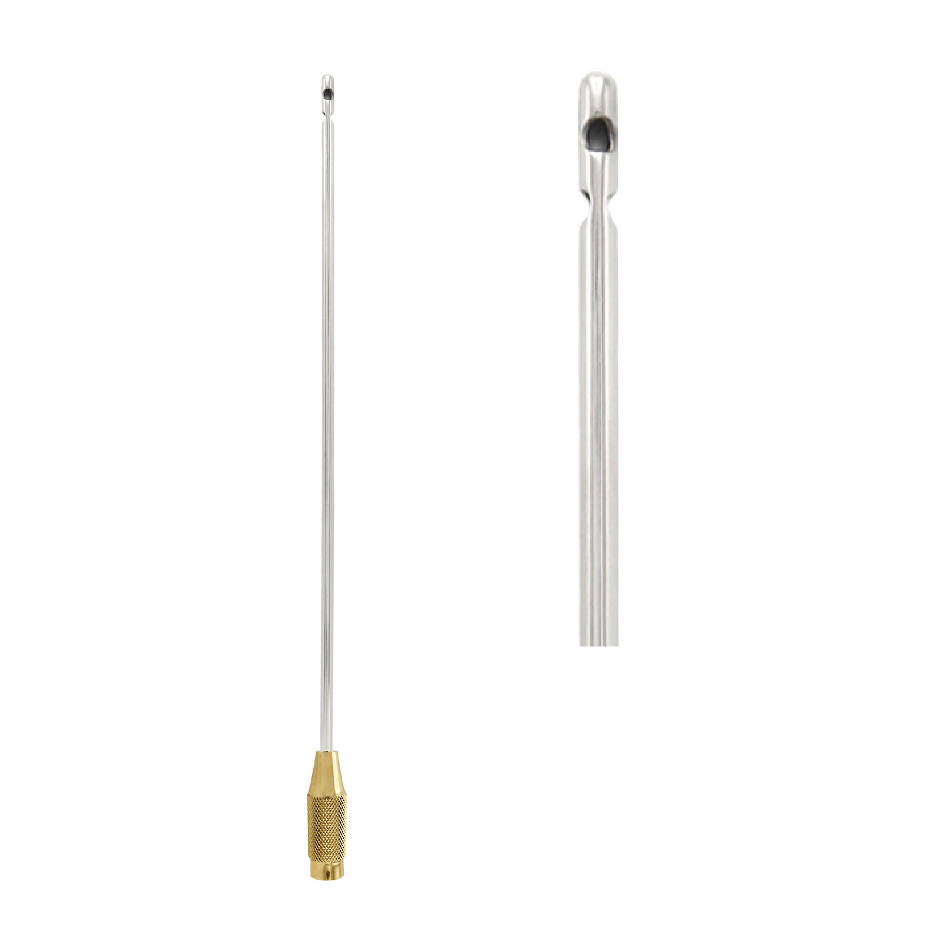 Medical-grade stainless steel Mercedes-tip liposuction cannula with three lateral aspiration ports and a knurled gold-plated threaded handle for surgical fat extraction and body contouring.