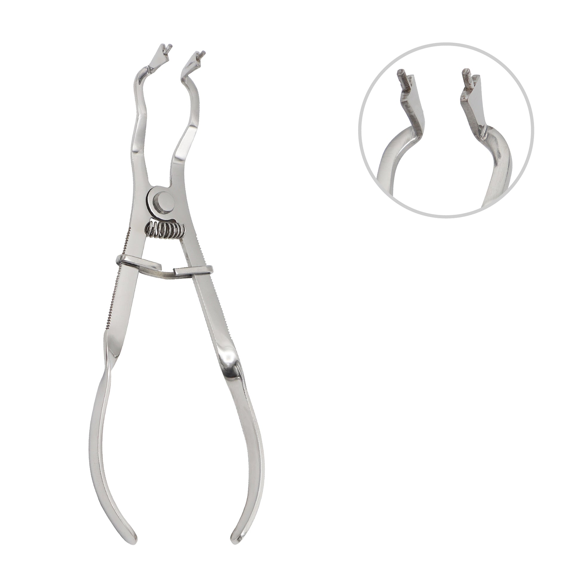 Metal dental tool with a close-up inset on a white background