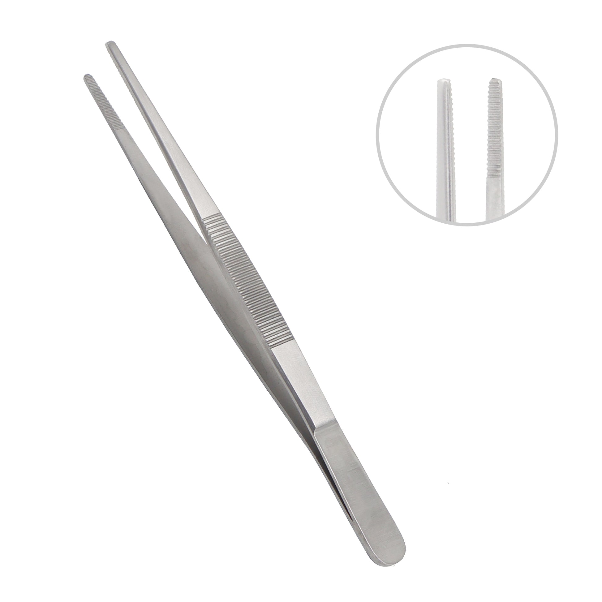 Metal tweezers with a close-up inset on a white background