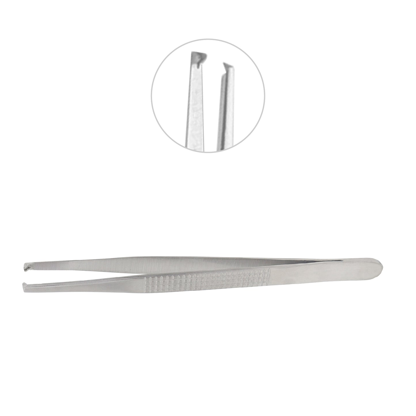 Metal tweezers on a white background with a close-up inset showing the tip.