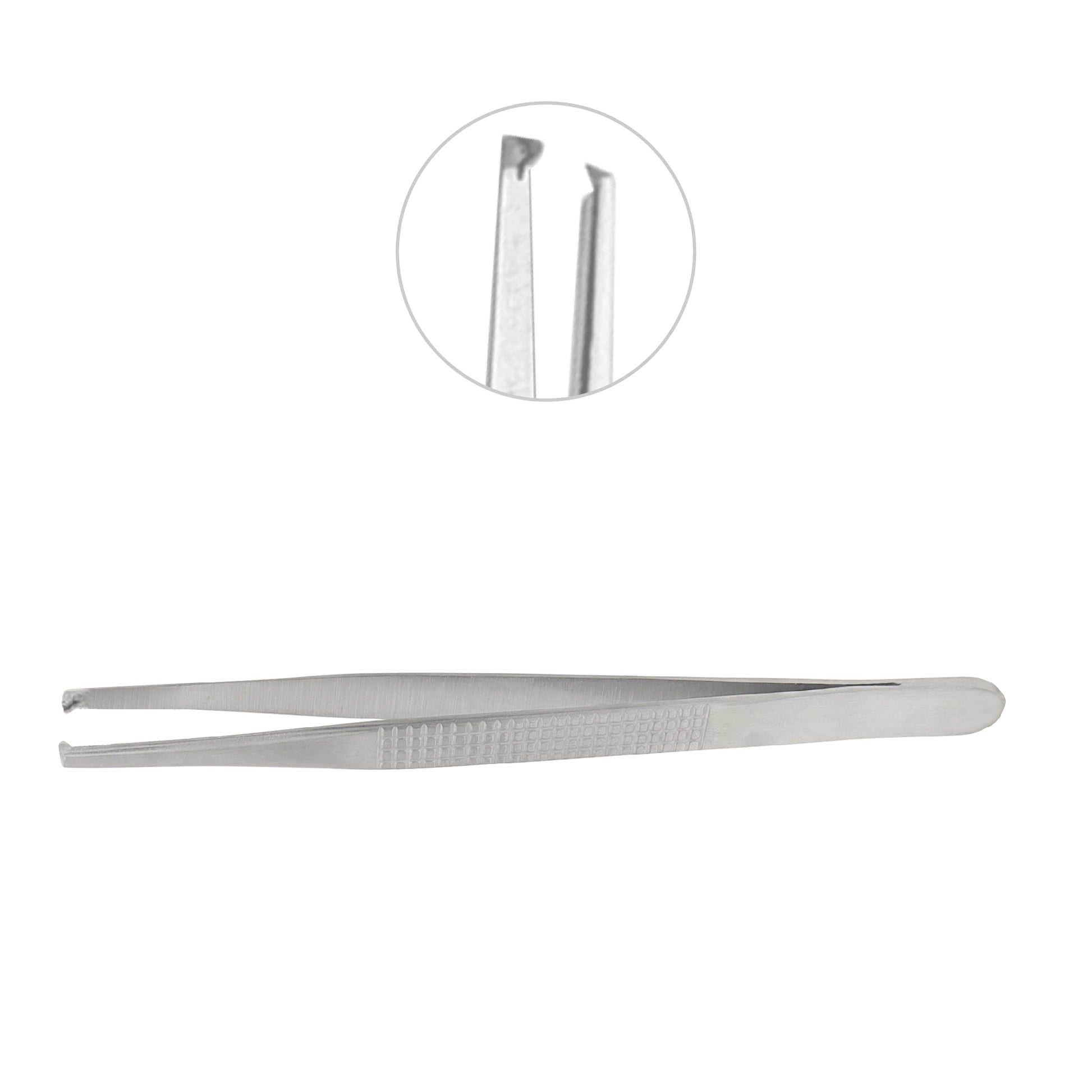 Metal tweezers on a white background with a close-up inset showing the tip.