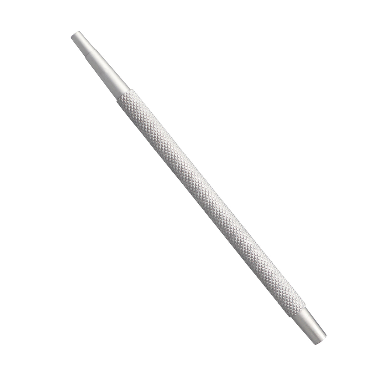 A metal infusion handle with male/tube connectors for ophthalmic tools, 11.5cm in length, with a textured grip surface.