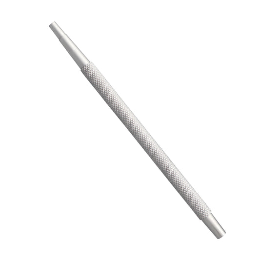 A metal infusion handle with male/tube connectors for ophthalmic tools, 11.5cm in length, with a textured grip surface.