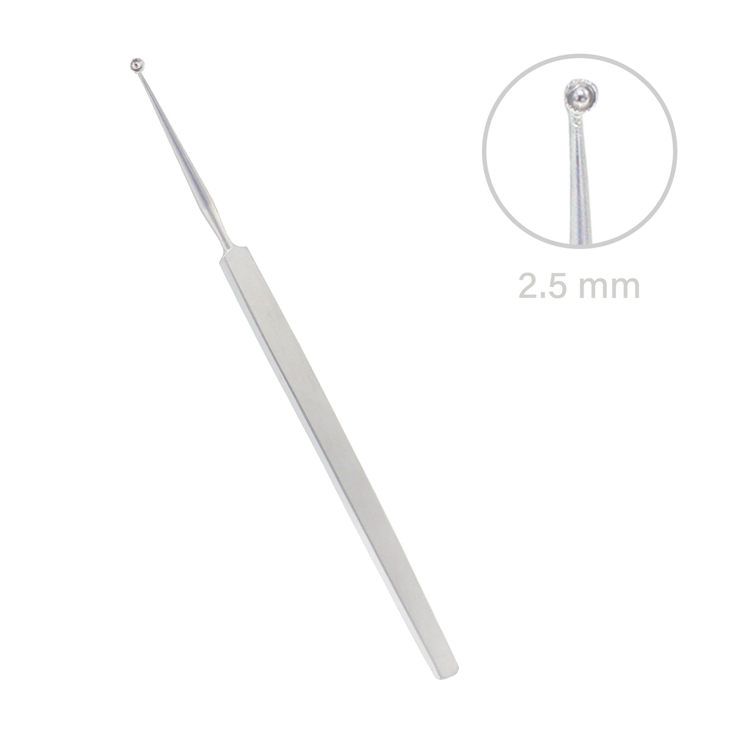 Meyerhoefer Chalazion Curette featuring a 2.5mm circular cup tip and long stainless steel handle for ophthalmic surgery.