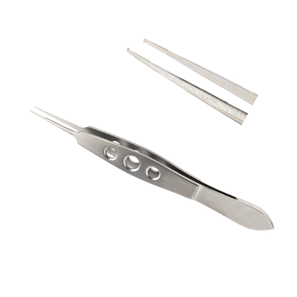 Close-up of Micro-Iris forceps with 1x2 teeth and tying platform, used for delicate eye surgery and secure tissue grip