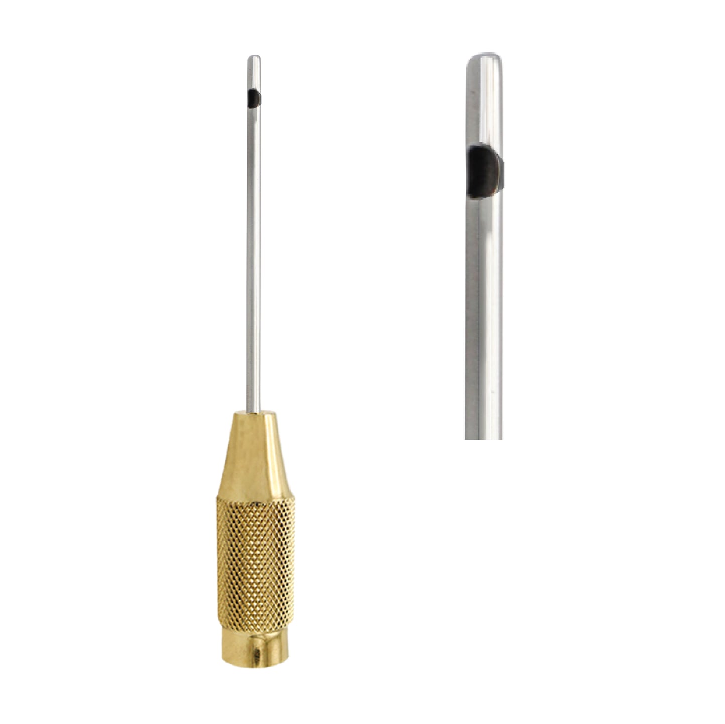 A medical-grade micro-liposuction cannula featuring a gold-plated threaded handle and a thin stainless steel shaft with a single central suction port near the blunt tip.