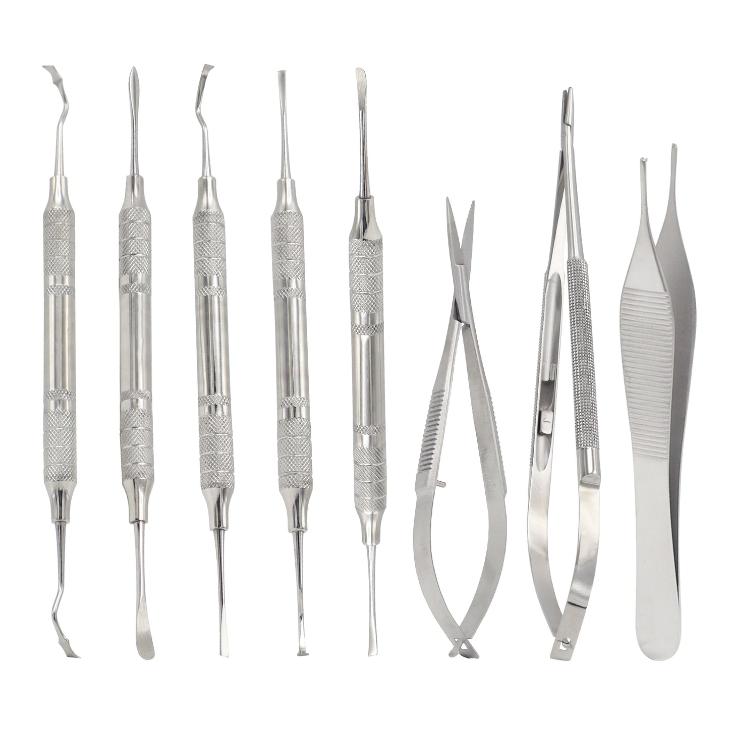 An 8-piece medical-grade stainless steel micro oral surgery instrument kit featuring dental curettes, periodontal elevators, surgical scissors, tissue tweezers, and specialized probes arranged neatly in a row against a clean white background.