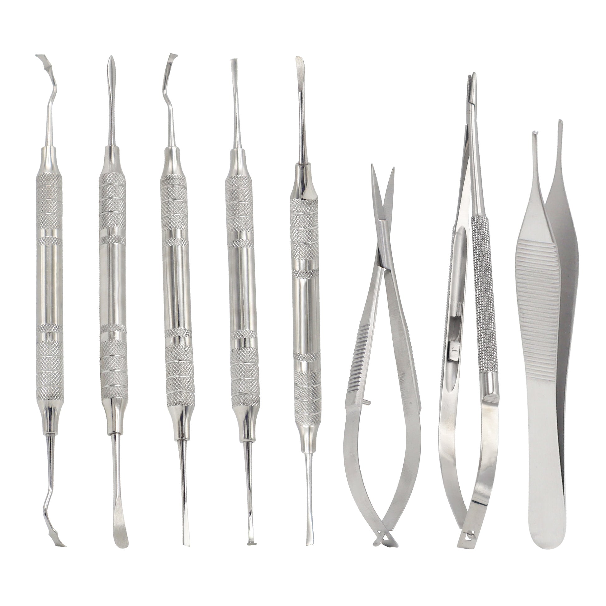 An 8-piece medical-grade stainless steel micro oral surgery instrument kit featuring dental curettes, periodontal elevators, surgical scissors, tissue tweezers, and specialized probes arranged neatly in a row against a clean white background.