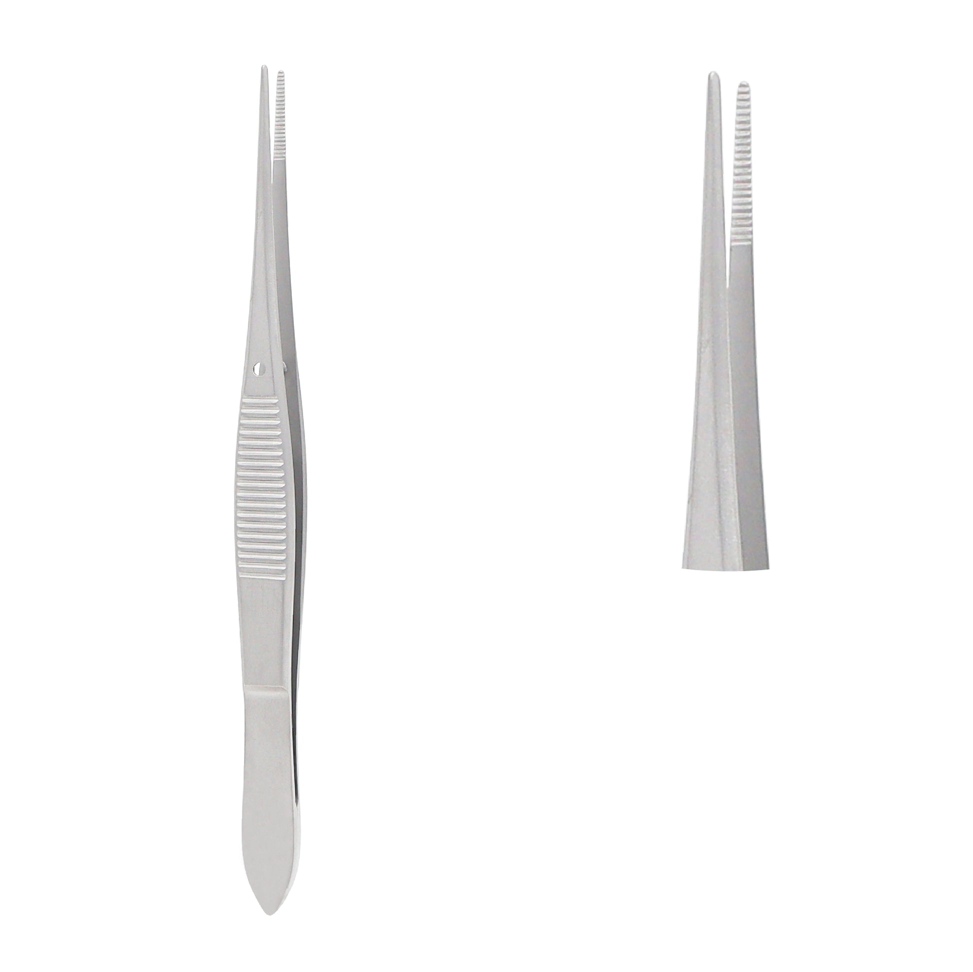 Iris forceps 1 mm serrated straight design 10.5 cm precision stainless steel instrument for ophthalmic and microsurgery applications.