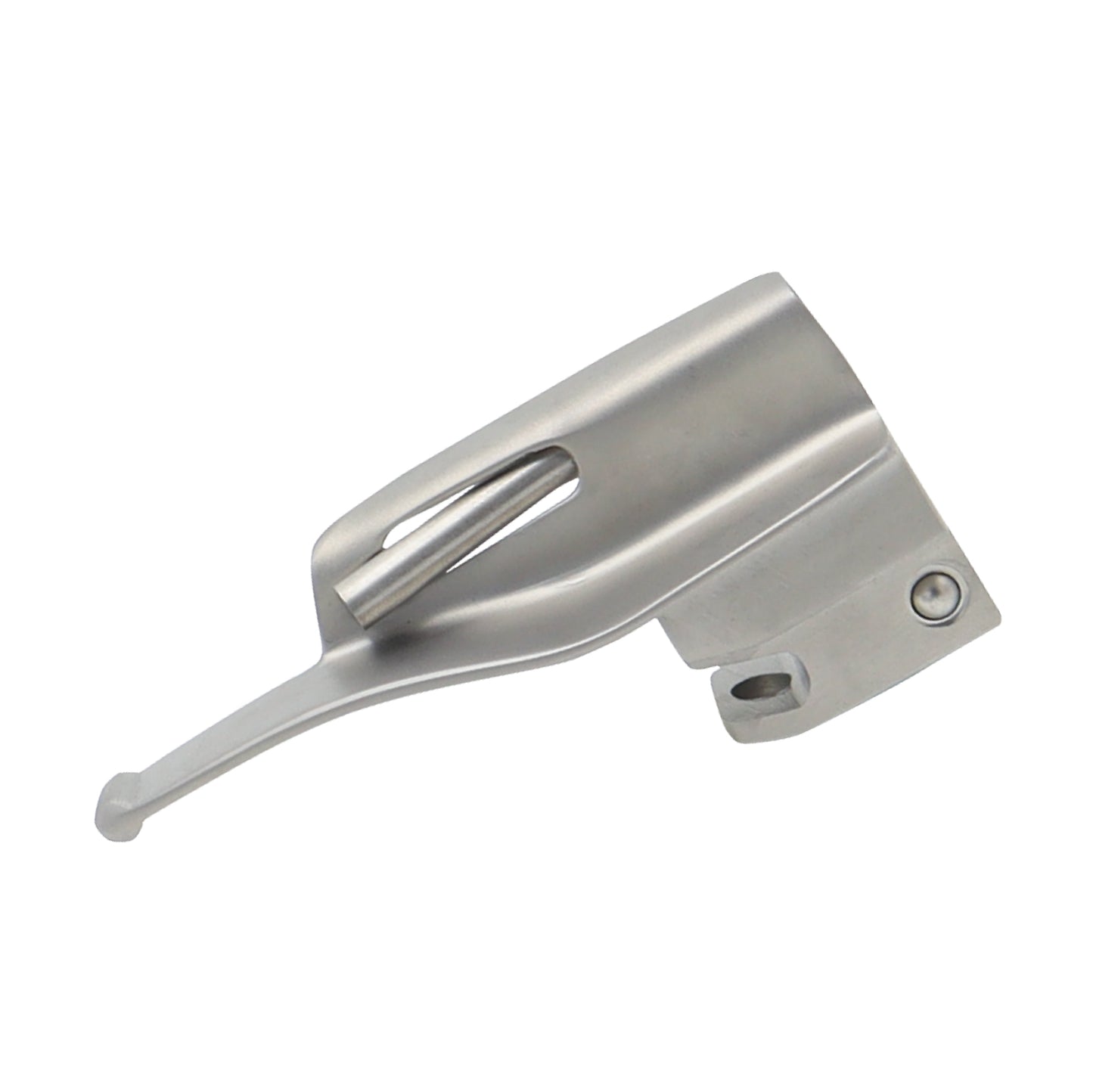 A medical-grade Miller laryngoscope blade featuring a straight profile and satin finish, designed for airway management and intubation.