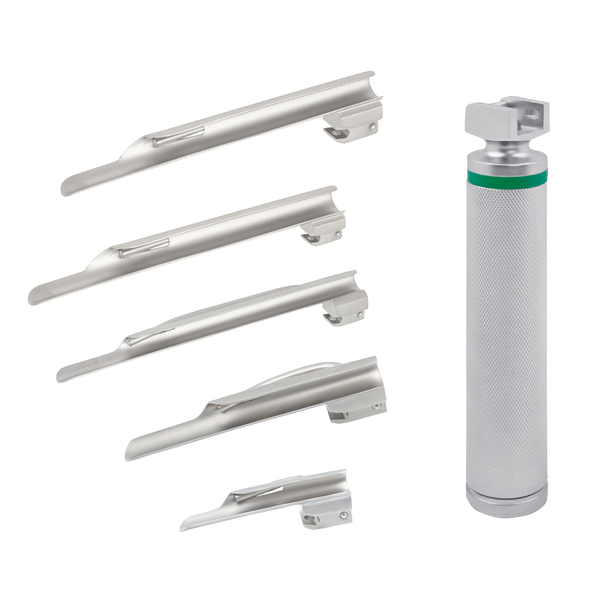 A professional 6-piece Miller fiber optic laryngoscope set featuring five graduated stainless steel straight blades and one knurled battery handle with a green indicator band for medical intubation.