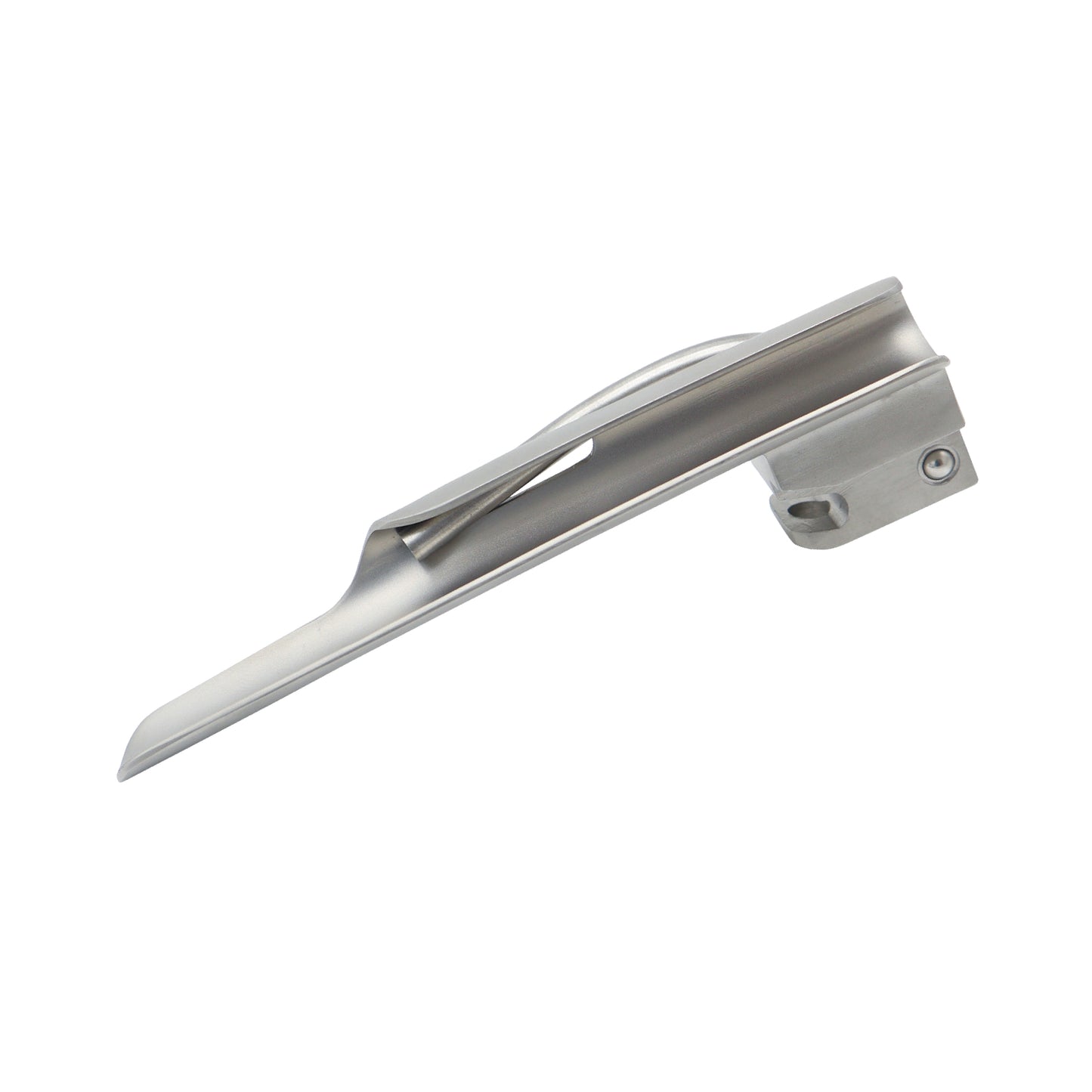 Stainless steel Miller laryngoscope blade with fiber optic light channel for medical intubation.