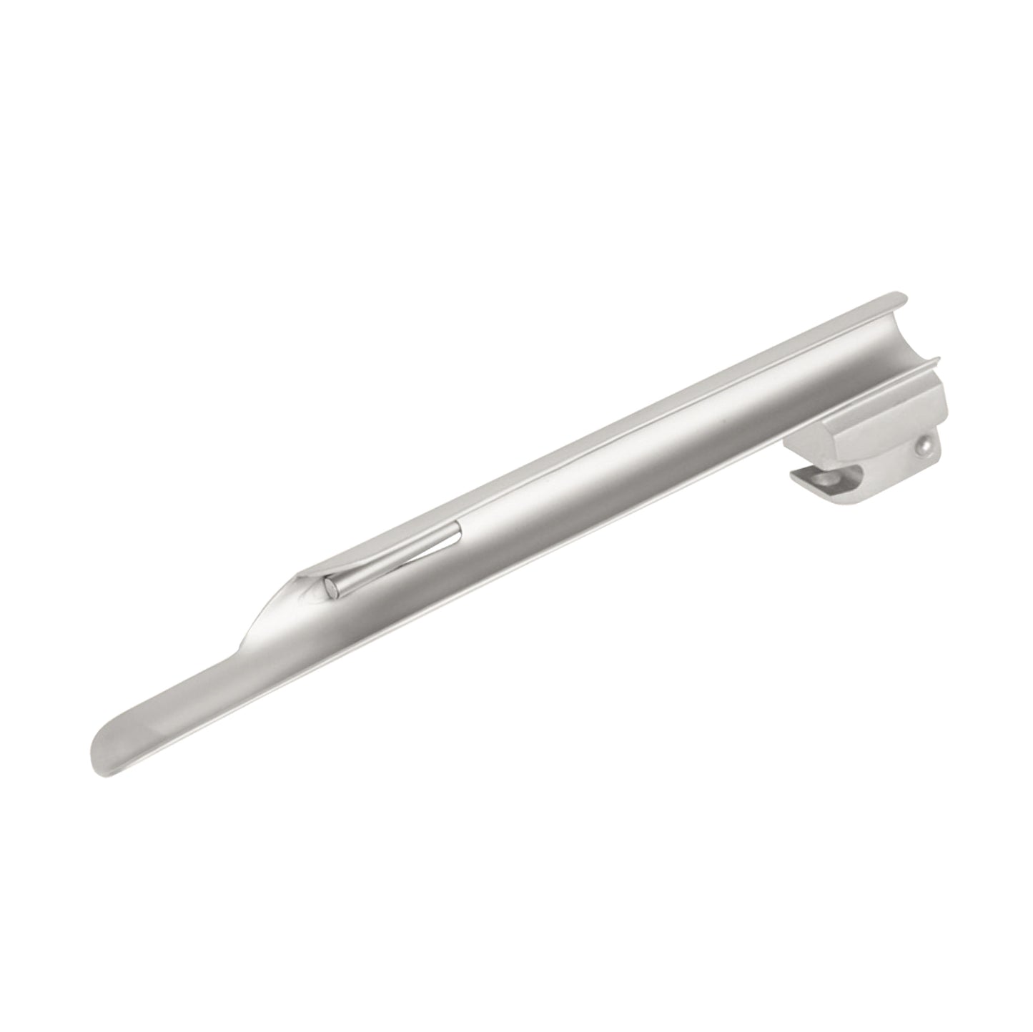 Straight Miller laryngoscope blade with fiber optic light guide and stainless steel finish, designed for pediatric and adult tracheal intubation.
