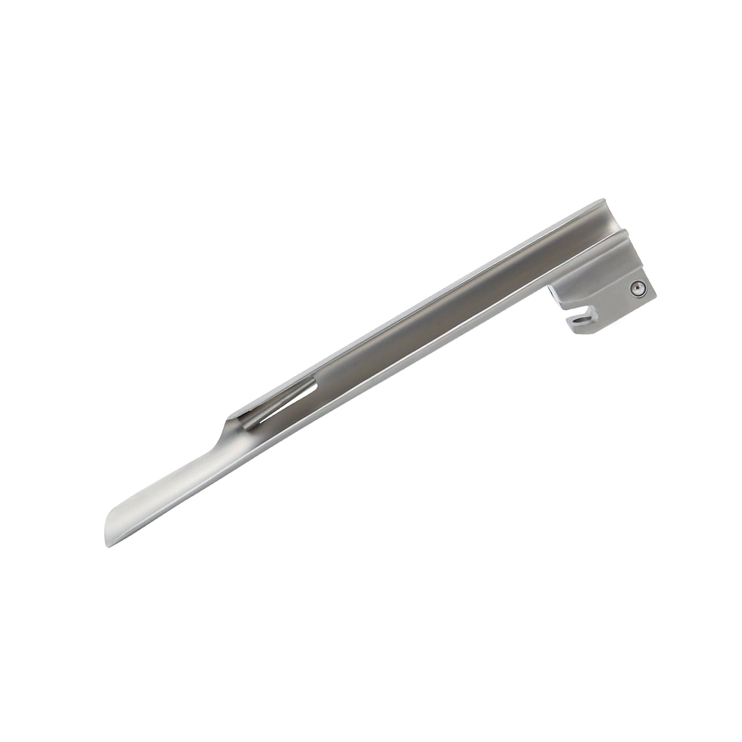 Stainless steel Miller fiber optic laryngoscope blade featuring a straight profile with a curved tip and integrated light guide for endotracheal intubation.