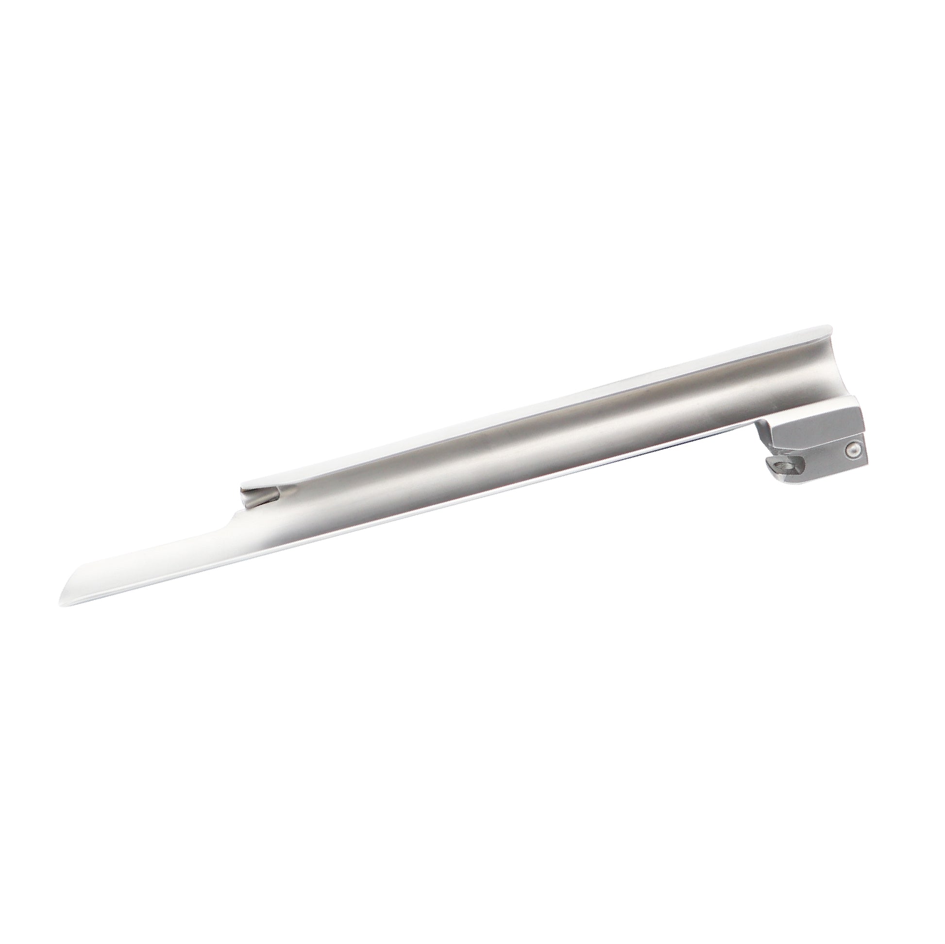 Stainless steel Miller laryngoscope blade with a straight profile and matte finish, designed for airway management and medical intubation.