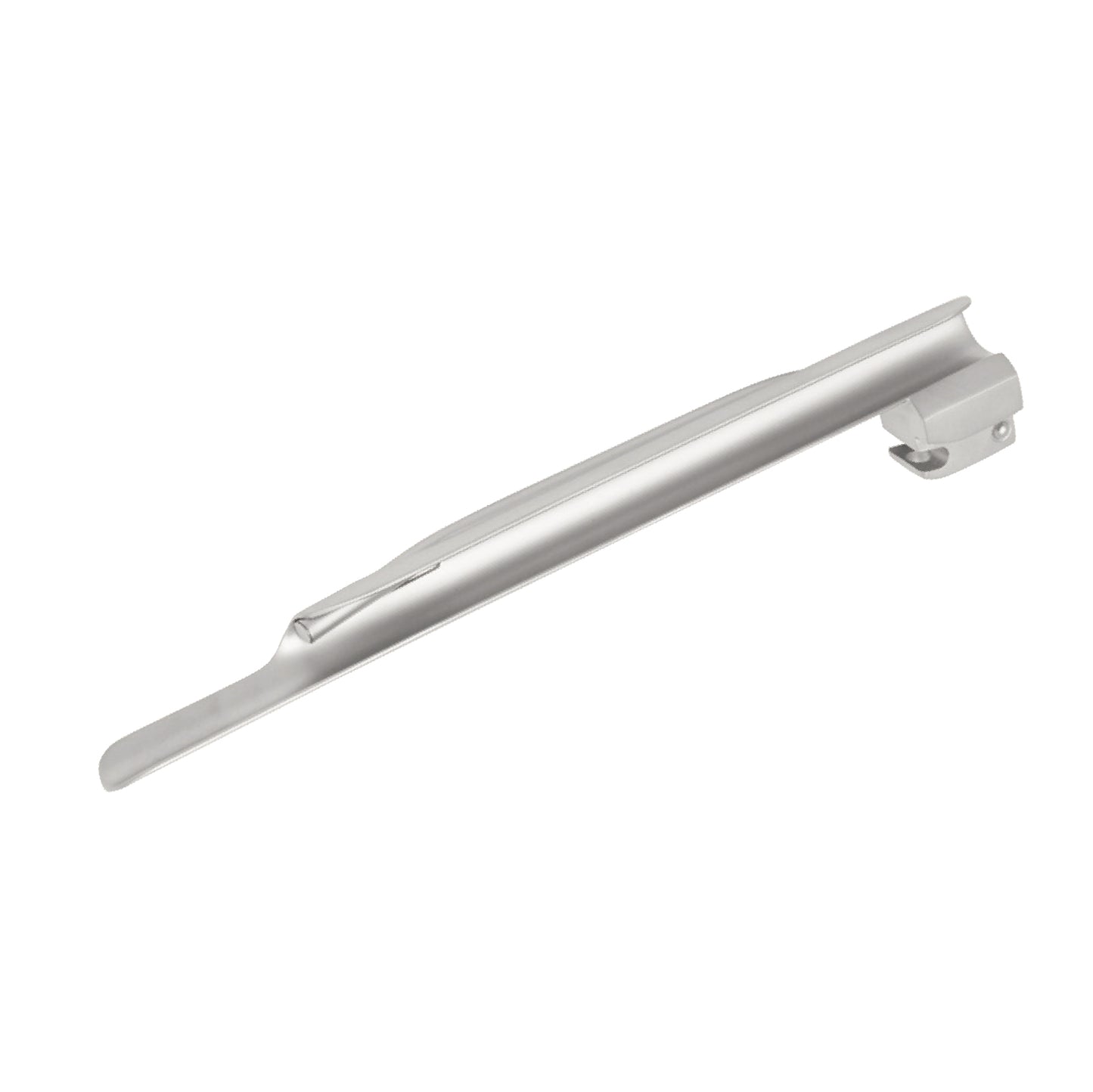 Straight Miller laryngoscope blade made of polished stainless steel for endotracheal intubation, showing the fiber-optic light path and handle attachment base.