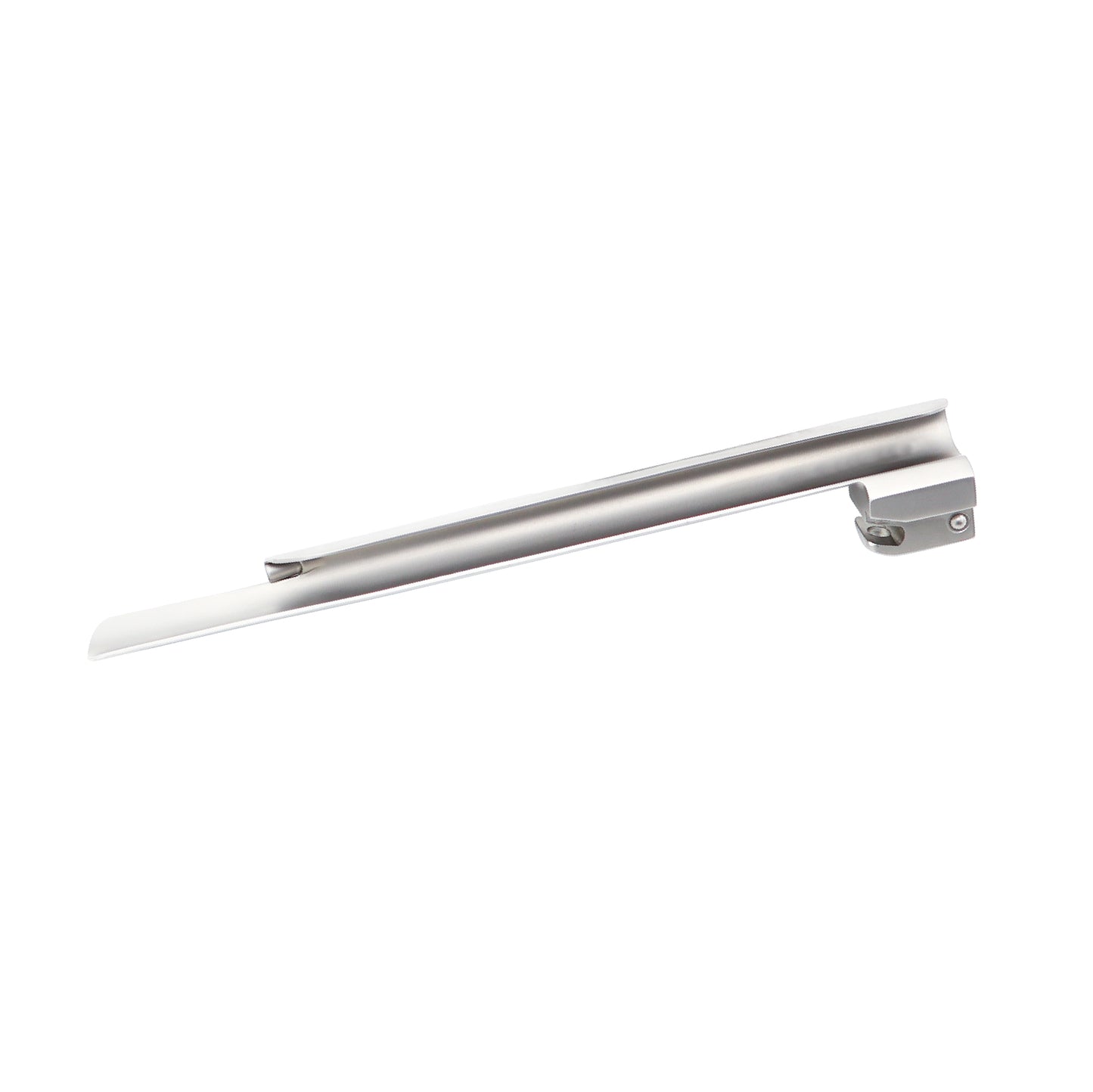 Straight Miller laryngoscope blade made of polished stainless steel with an integrated fiber optic light source and a standard hook-on base for anesthesia intubation.