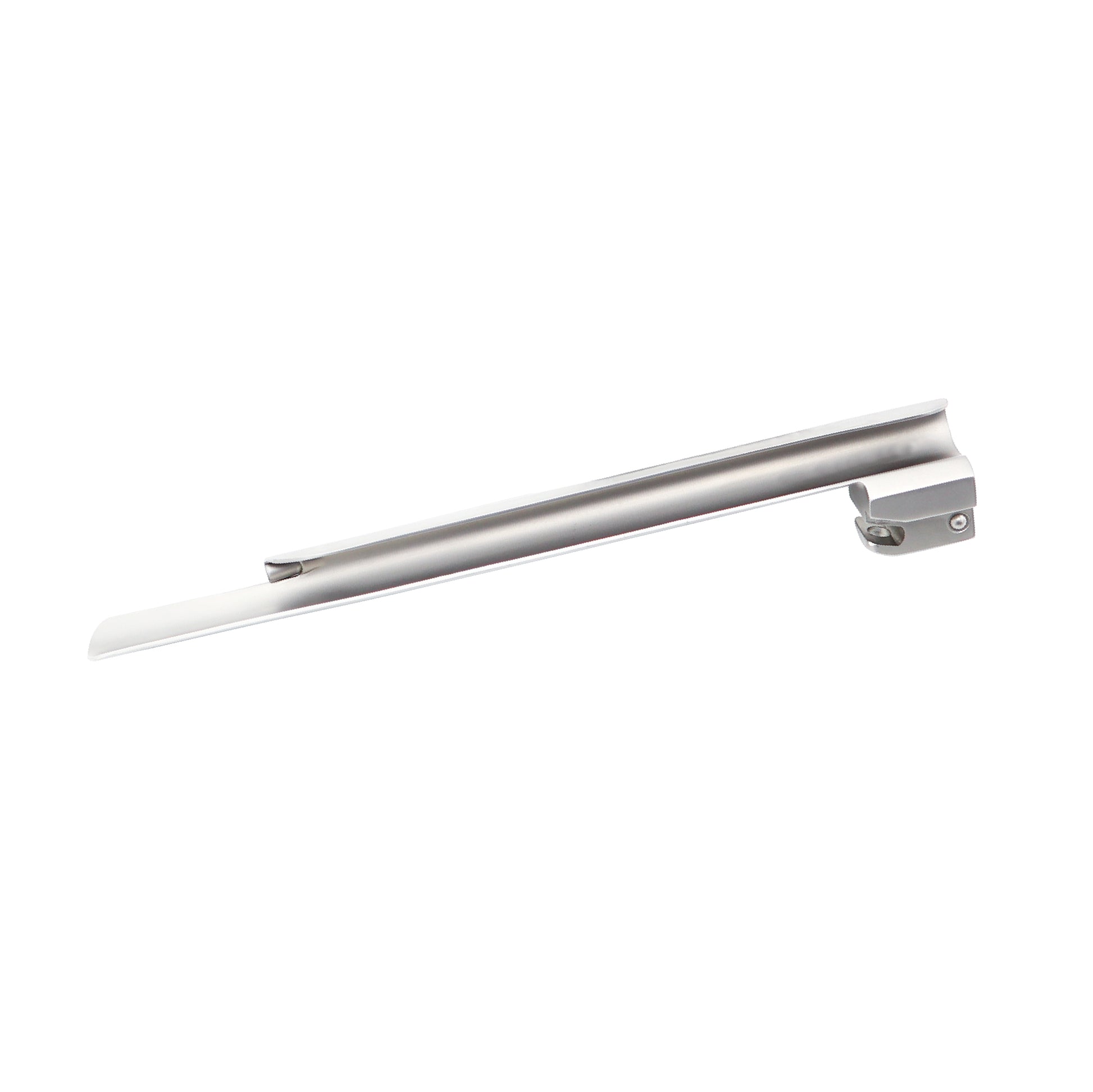 Straight Miller laryngoscope blade made of polished stainless steel with an integrated fiber optic light source and a standard hook-on base for anesthesia intubation.