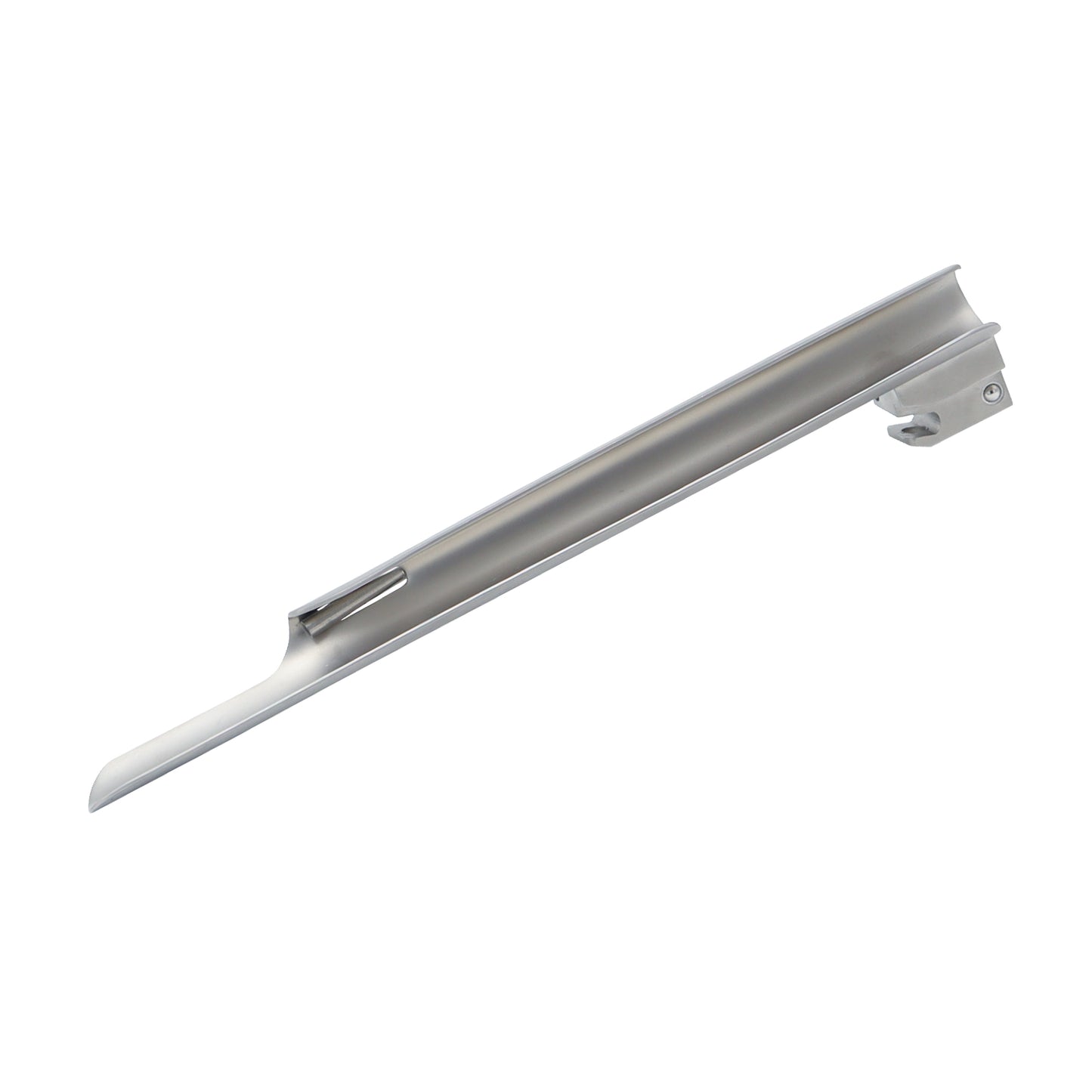 Straight Miller laryngoscope blade made of surgical-grade stainless steel for medical intubation.