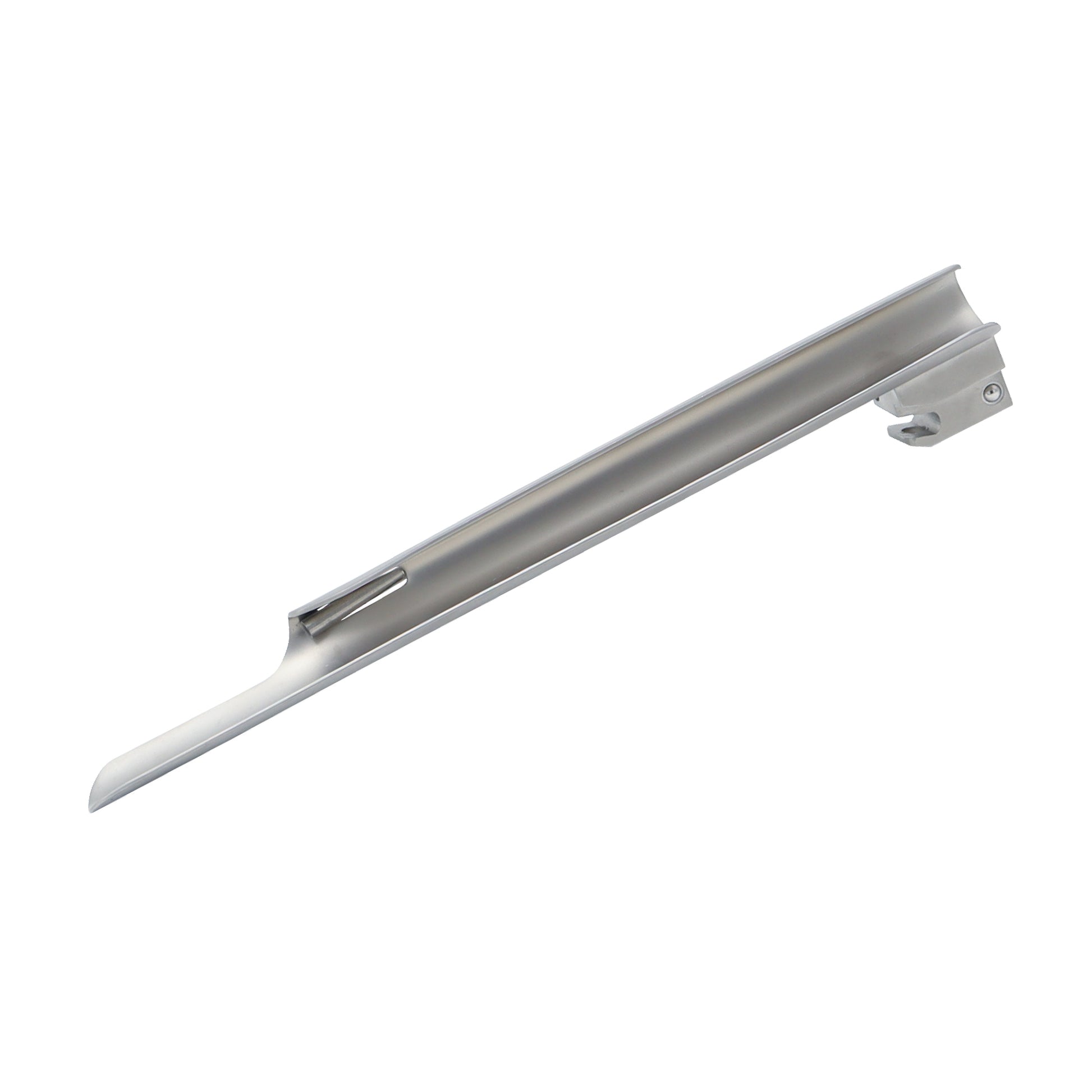 Straight Miller laryngoscope blade made of surgical-grade stainless steel for medical intubation.
