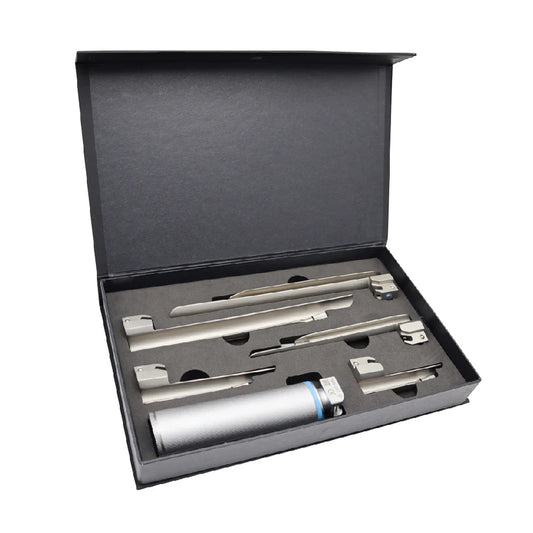 A surgical-grade Miller laryngoscope set in a black foam-lined storage box, featuring five straight blades of different sizes and a textured silver handle.