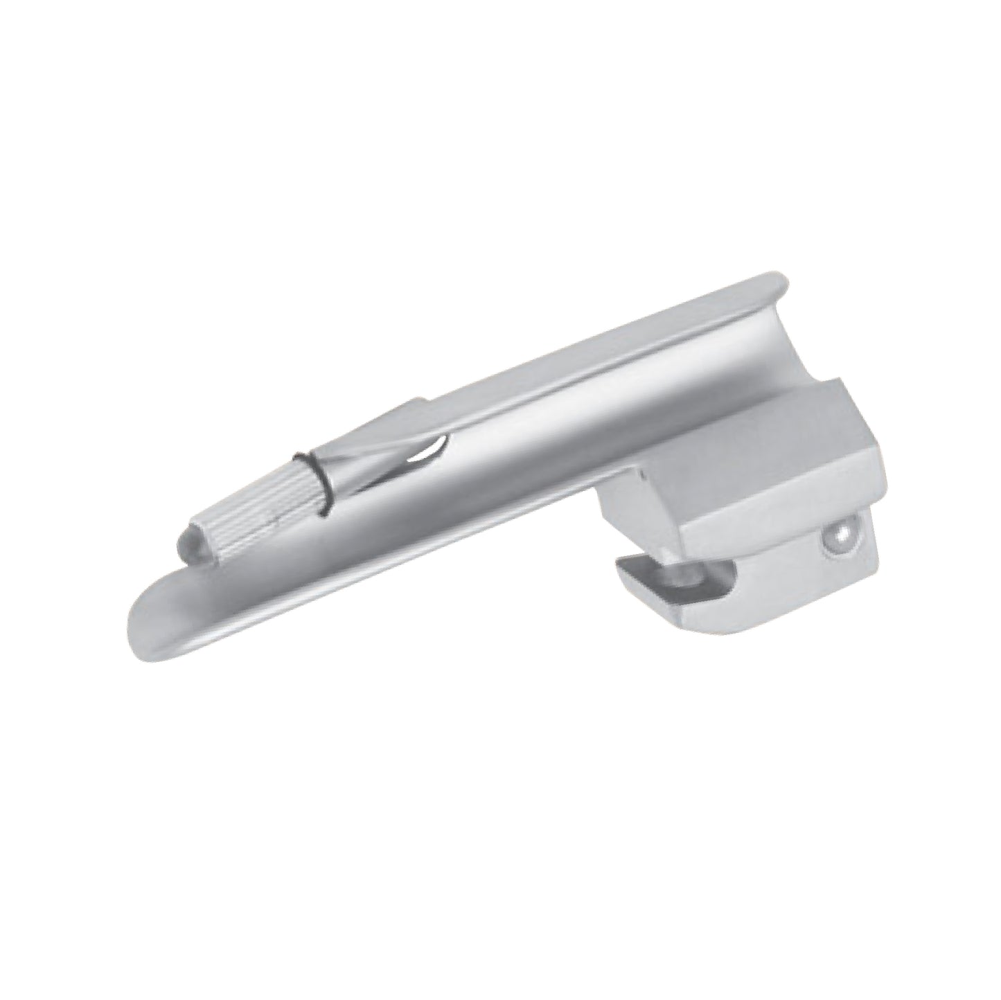 A Miller size 00 conventional straight laryngoscope blade made of stainless steel, featuring a small incandescent light bulb near the tip for neonatal intubation.