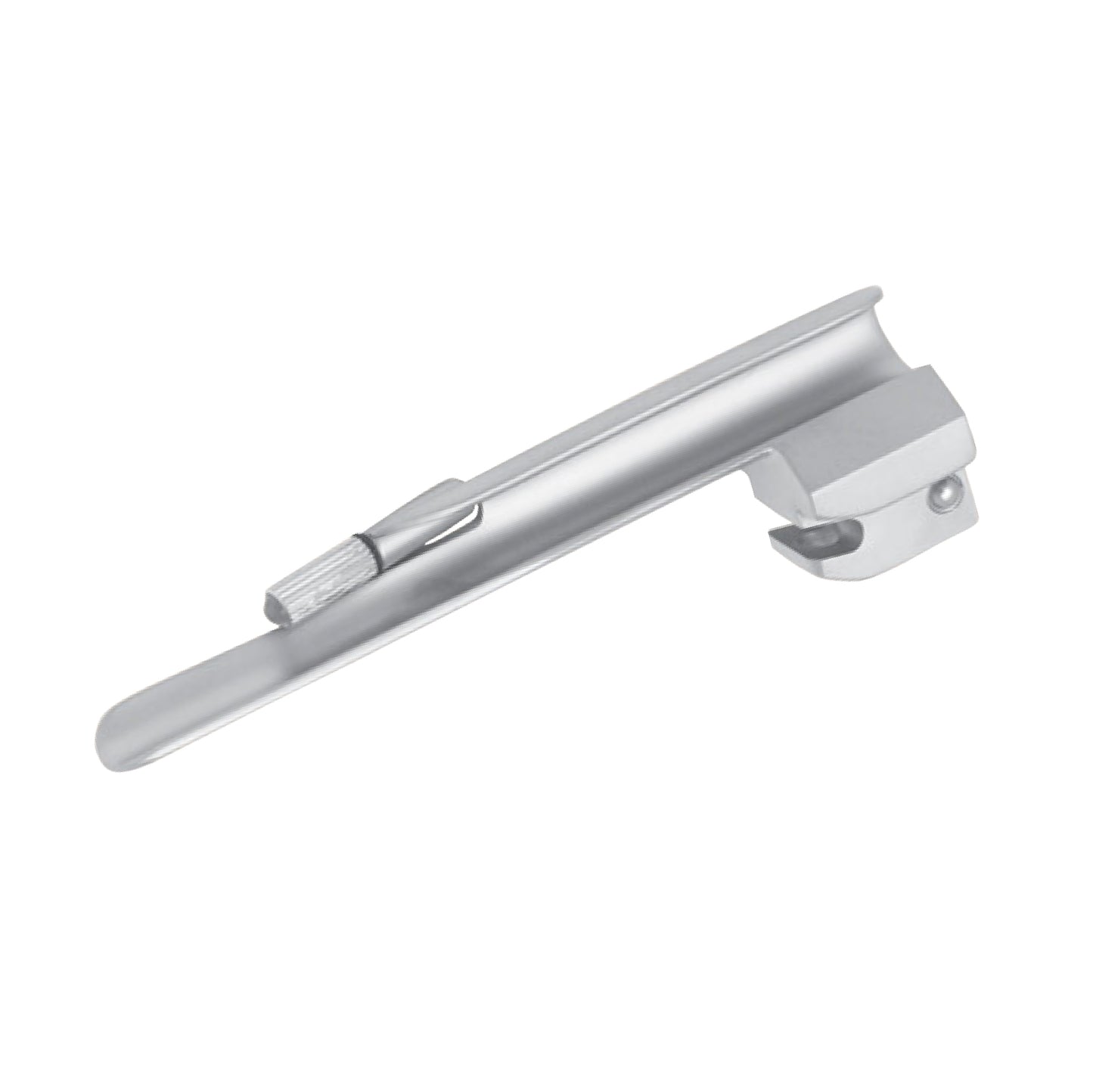 A stainless steel Miller straight laryngoscope blade featuring a narrow, flat profile and a small integrated light bulb near the tip for airway visualization.