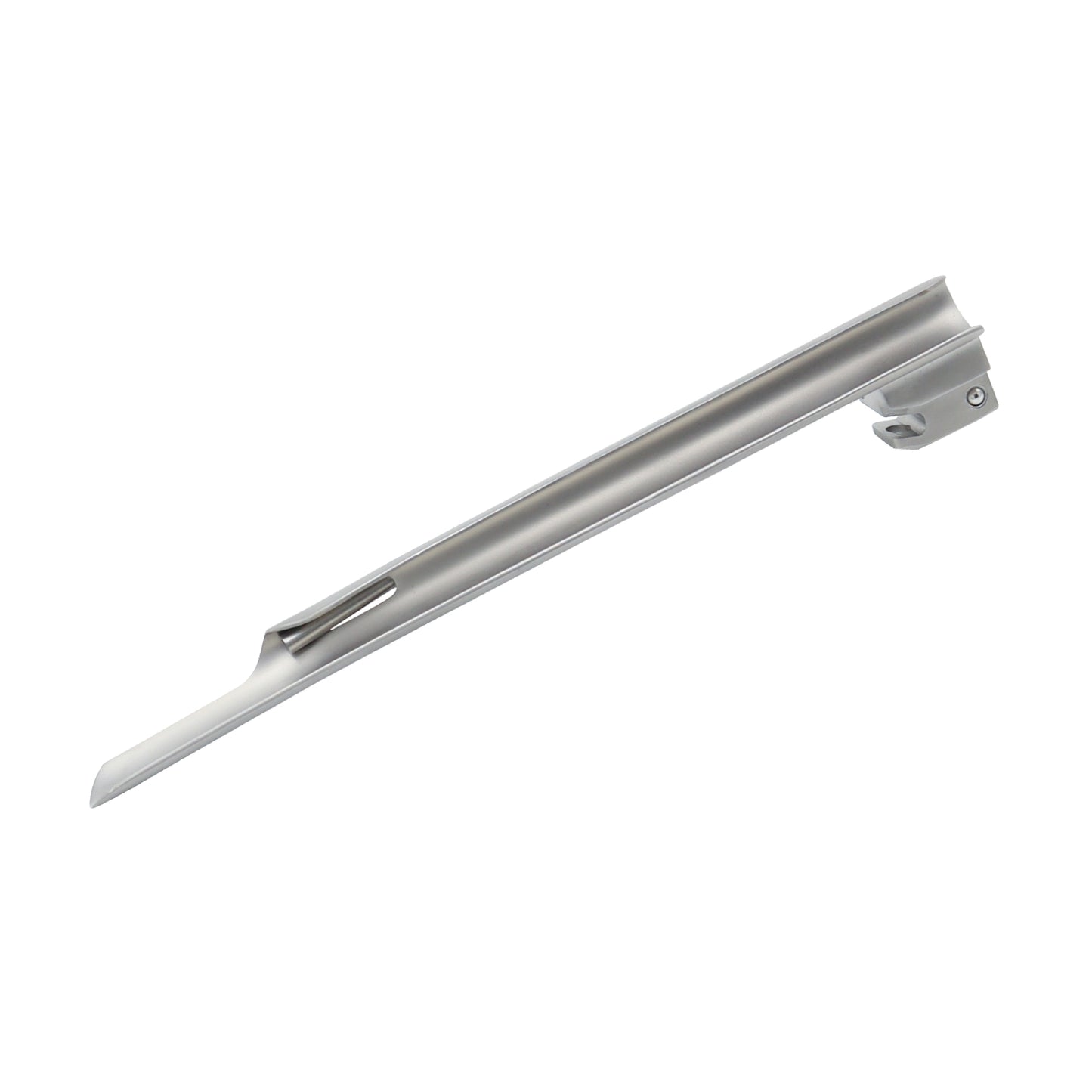 A Miller-style straight laryngoscope blade made of polished medical-grade stainless steel, featuring a fiber-optic light transmission bundle and a standard mounting block for attachment to a laryngoscope handle.