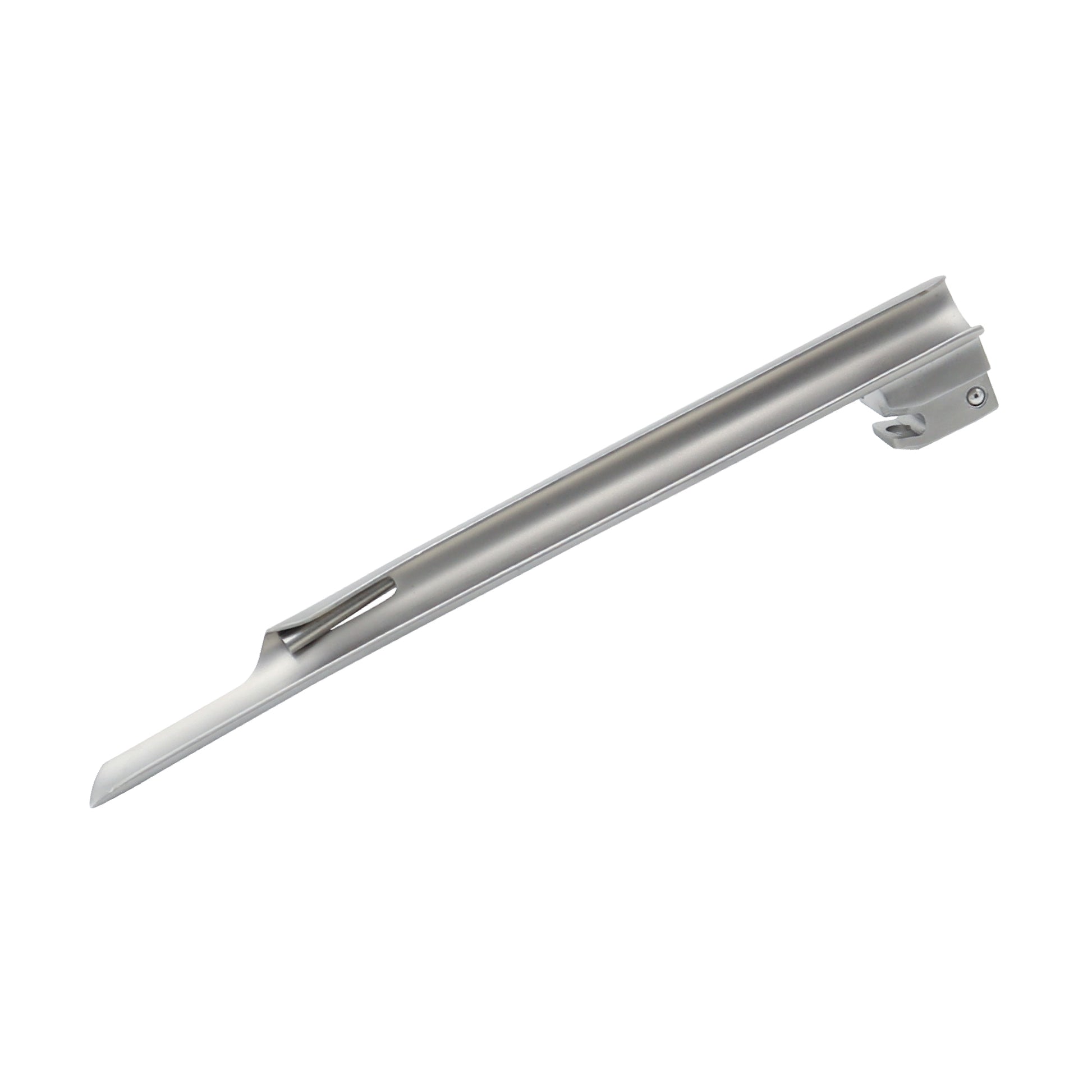 A Miller-style straight laryngoscope blade made of polished medical-grade stainless steel, featuring a fiber-optic light transmission bundle and a standard mounting block for attachment to a laryngoscope handle.