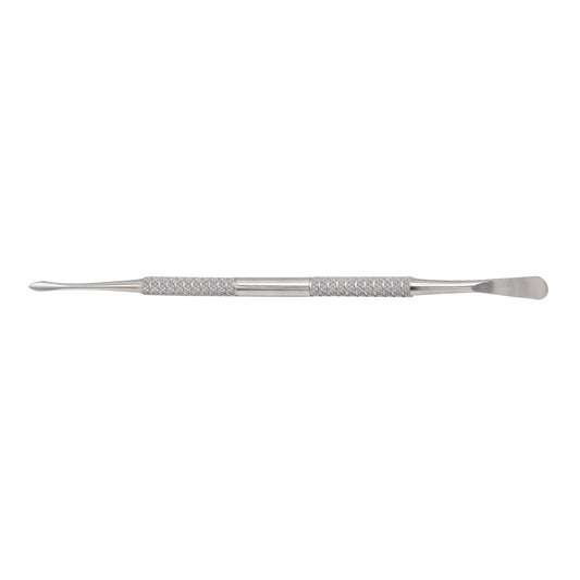 Double-ended Molt 9 periosteal elevator made of stainless steel with a knurled grip handle, featuring a pointed tip on one side and a broad spoon blade on the other for oral surgery tissue retraction.