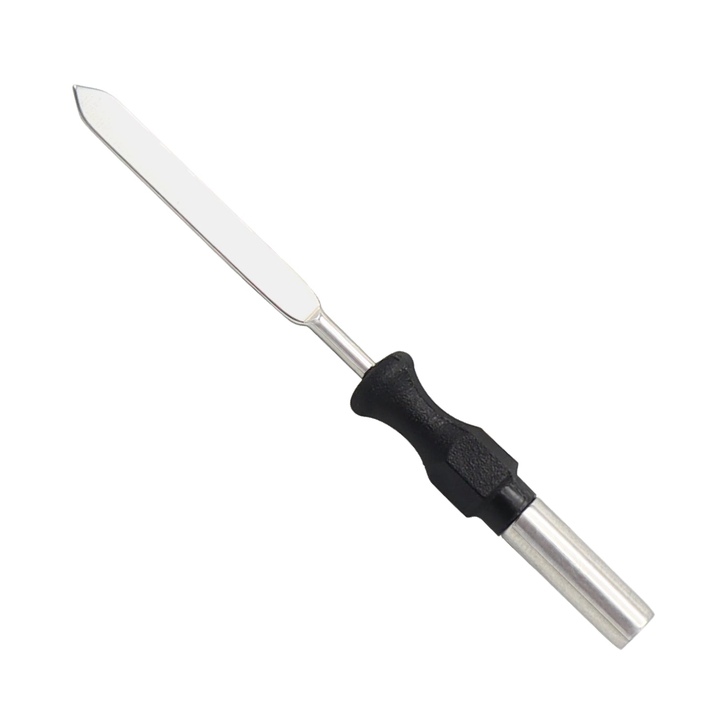 Lancet-shaped monopolar electrosurgical knife electrode with a 4mm stainless steel shaft and black hexagonal anti-twist handle for surgical precision.