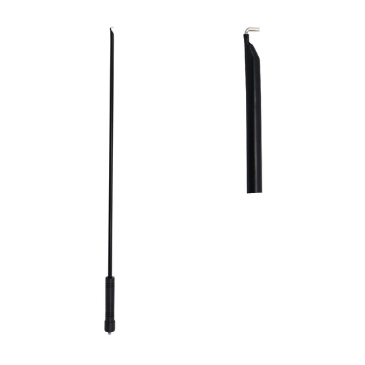 Monopolar laparoscopic J-hook electrode instrument featuring a long, black insulated shaft and an angled electrosurgical tip, shown alongside a cropped close-up view of the hook against a clean white background.