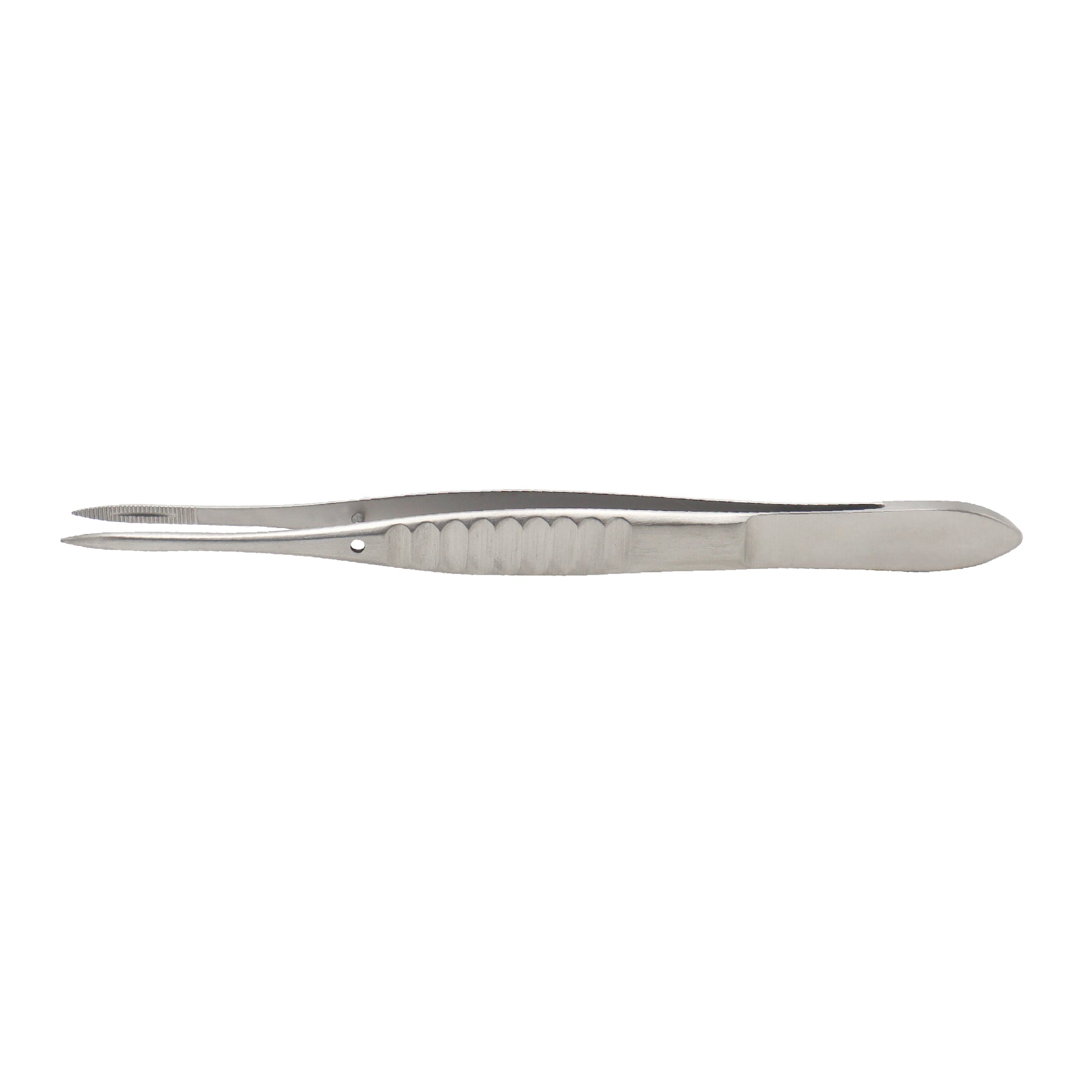 Moorfield conjunctival forceps with grooved section and flat handle, 11 cm length, designed for precise ophthalmic tissue handling