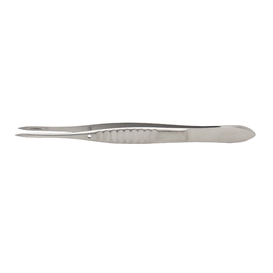 Moorfield conjunctival forceps with grooved section and flat handle, 11 cm length, designed for precise ophthalmic tissue handling