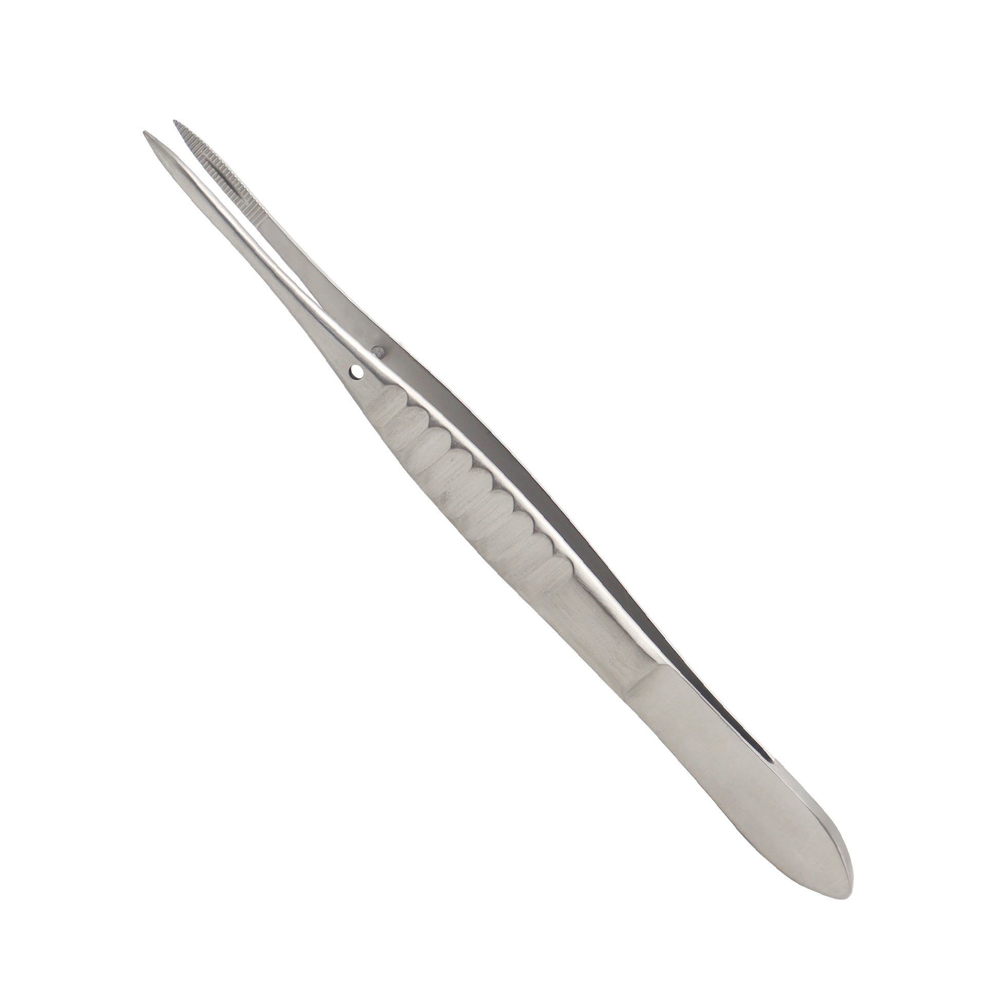 Moorfield conjunctival forceps, a stainless steel surgical instrument with fine tips and a serrated handle for delicate tissue manipulation.