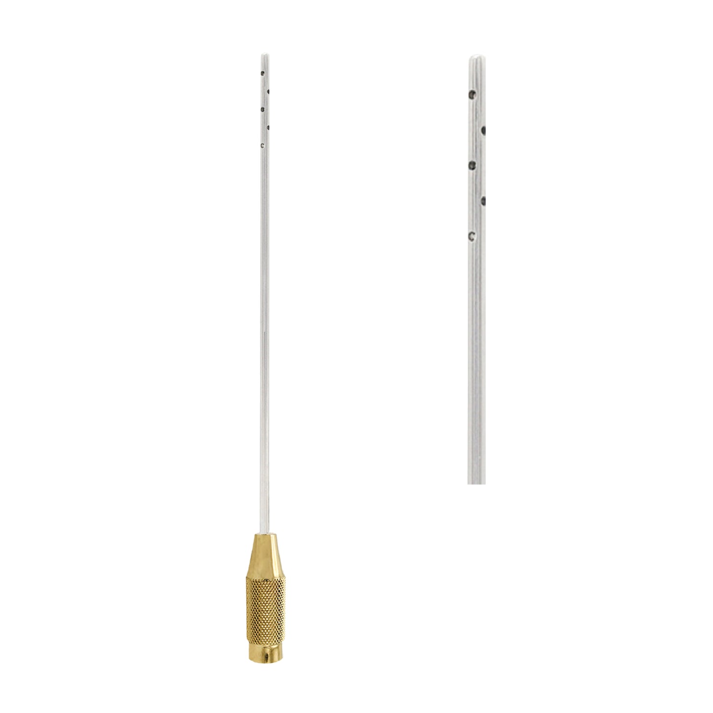 Multi-port liposuction harvesting cannula with a textured gold-plated handle, showing a close-up of the suction ports.