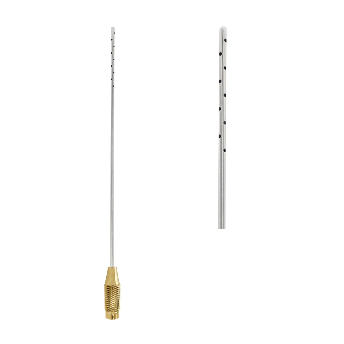 A medical liposuction cannula with a long, slender stainless steel tube featuring multiple small aspiration ports along the tip, attached to a textured gold knurled handle.