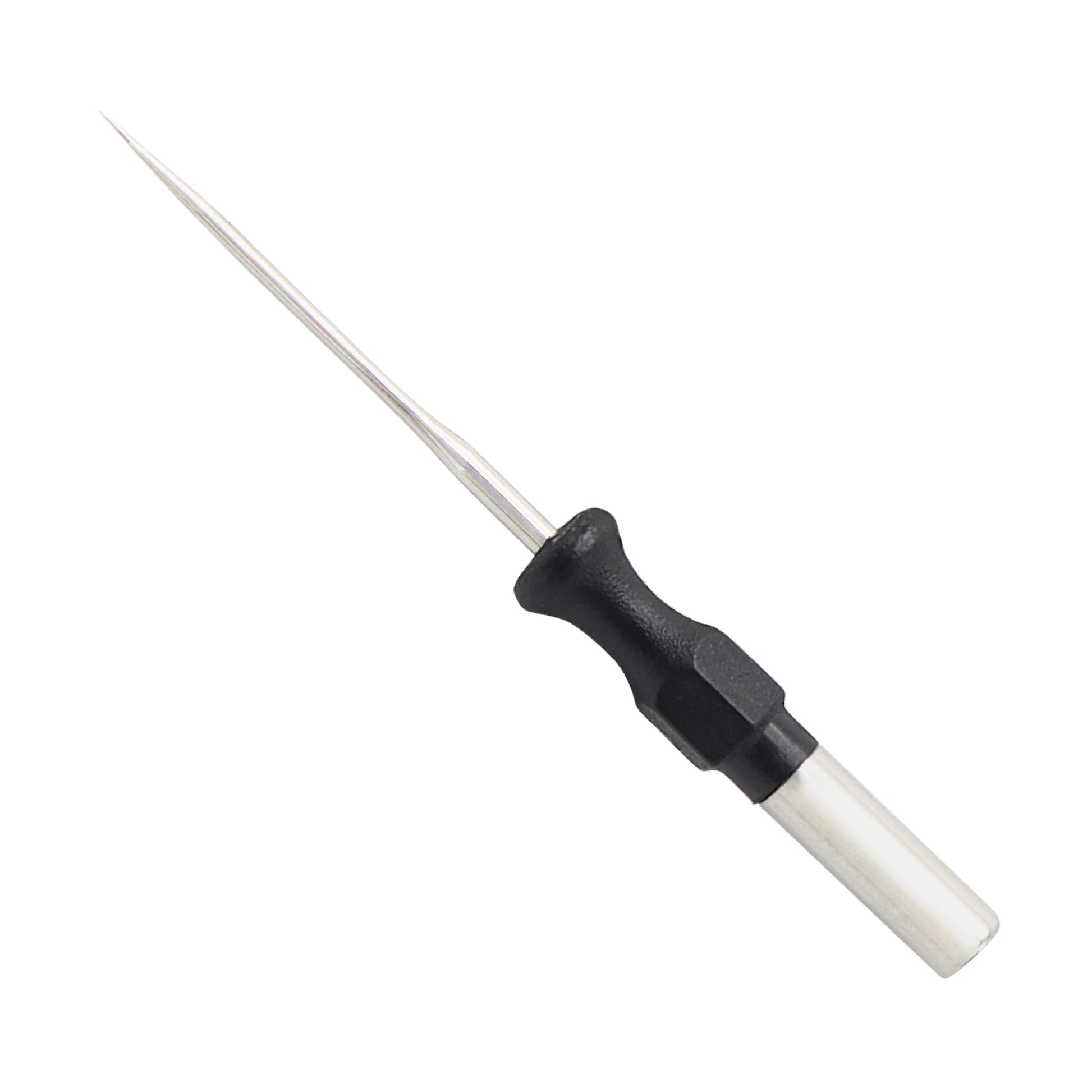Straight needle electrode for electrosurgery with a 4mm universal shaft and black insulated handle on a white background.