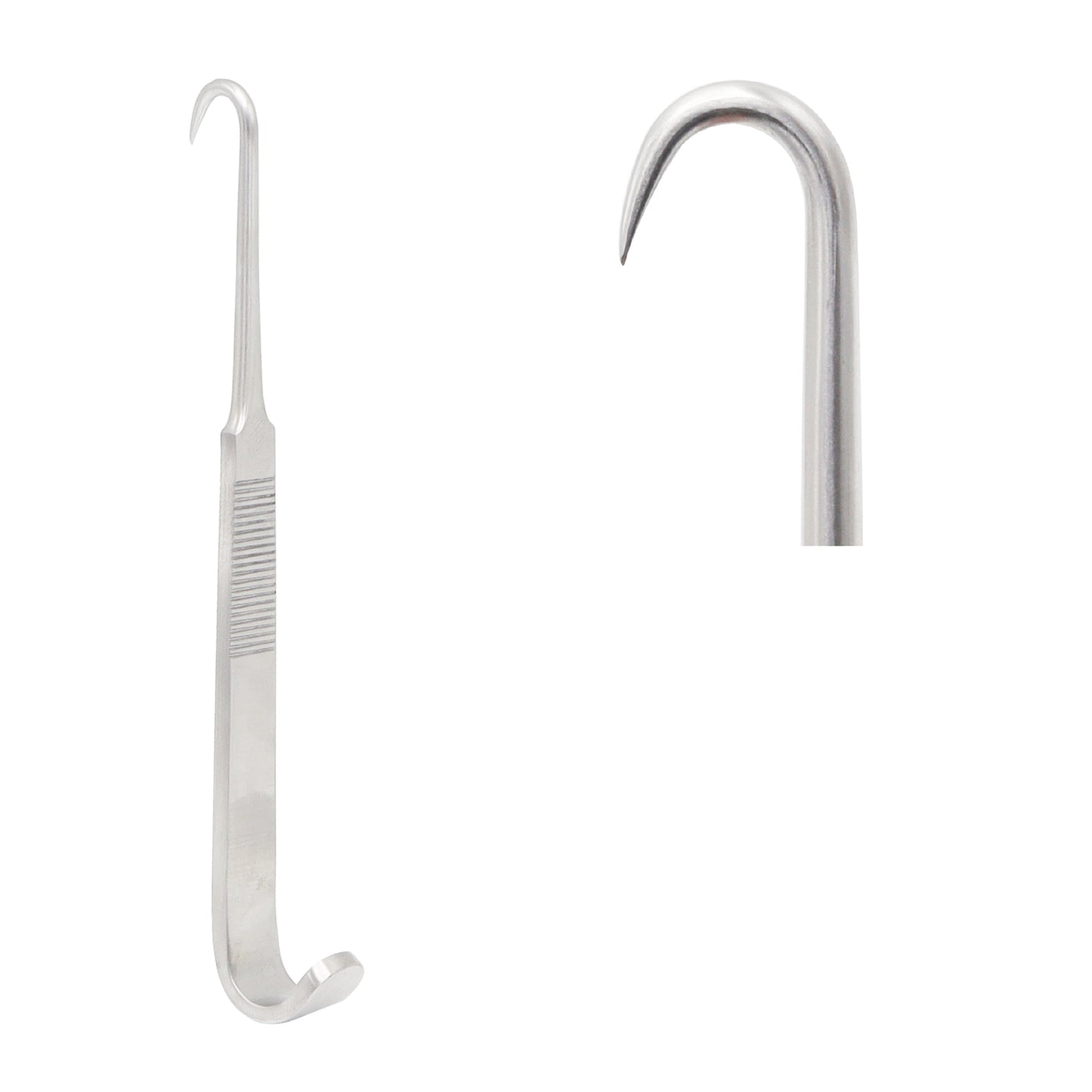S-shaped surgical tracheal hook retractor, medical grade stainless steel instrument.