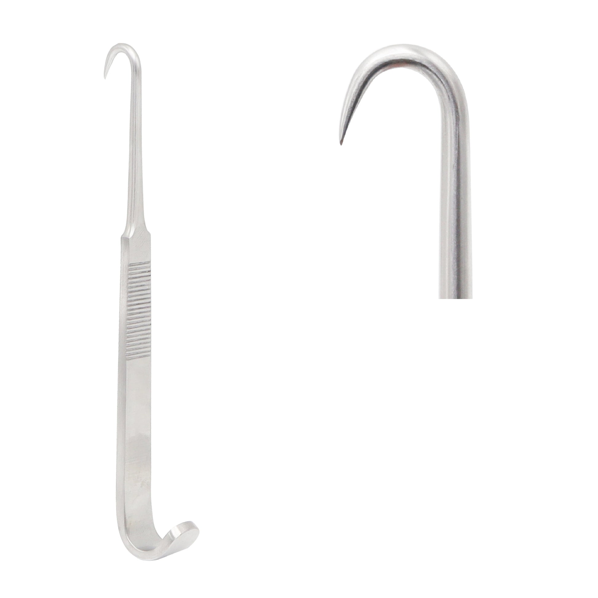 S-shaped surgical tracheal hook retractor, medical grade stainless steel instrument.
