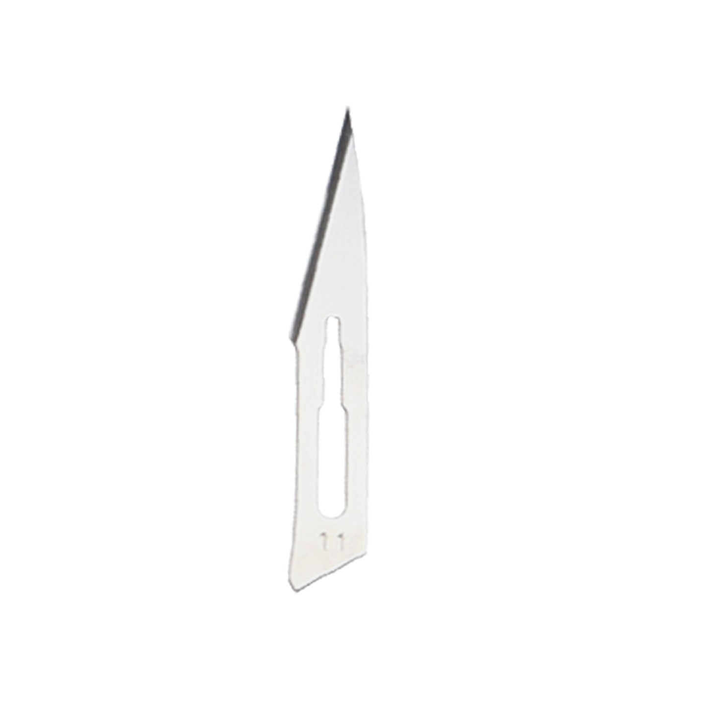 A single silver-colored No. 11 surgical scalpel blade with an elongated triangular shape and a sharp pointed tip, featuring a centered cutout for handle attachment.