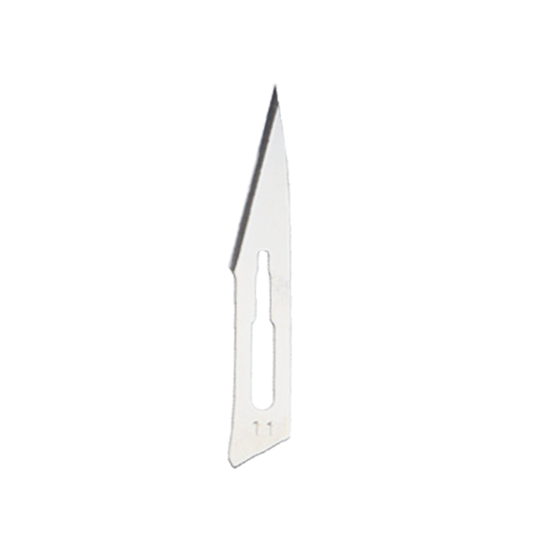 A single silver-colored No. 11 surgical scalpel blade with an elongated triangular shape and a sharp pointed tip, featuring a centered cutout for handle attachment.