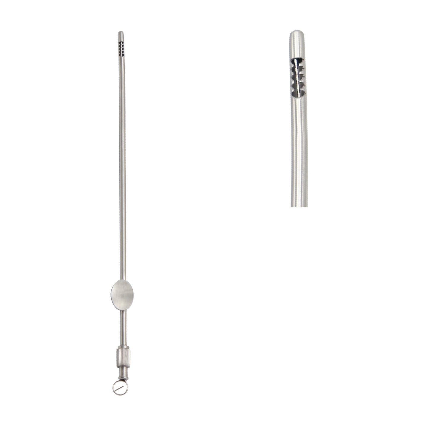 Stainless steel Novak suction biopsy curette with a blunt rounded tip, perforated micro-holes for tissue collection, a circular thumb grip, and a Luer lock adapter at the base, shown alongside a detailed close-up of the tip.